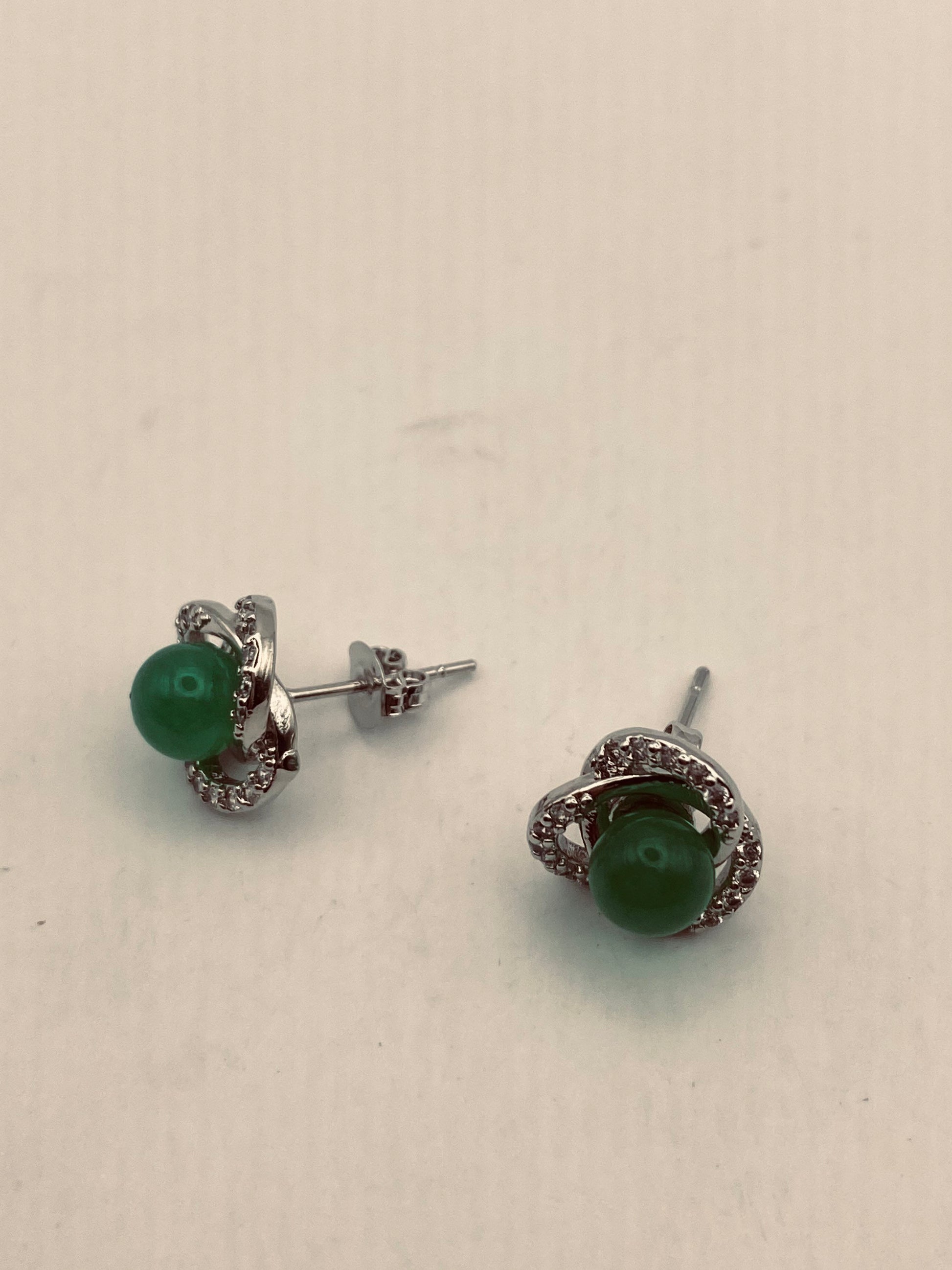 Vintage Fun Green Jade Bronze Stud Earrings