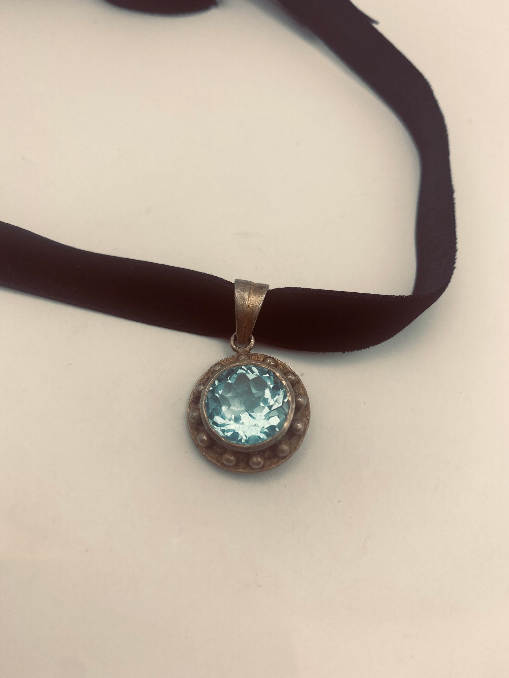 Vintage Blue Topaz Golden 925 Sterling Silver Choker Necklace Pendant