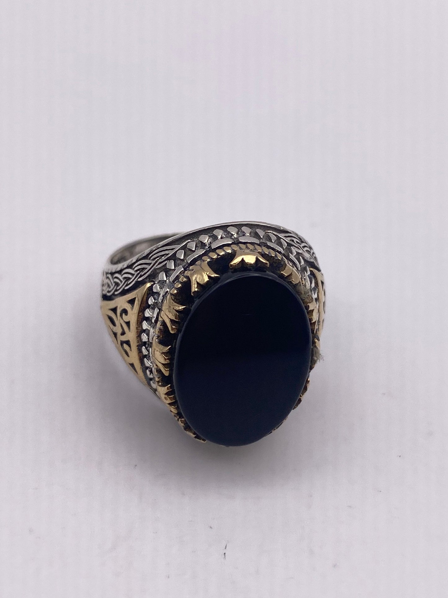 Vintage Onyx Mens Ring in 925 Sterling Silver Persian Genuine Black Onyx