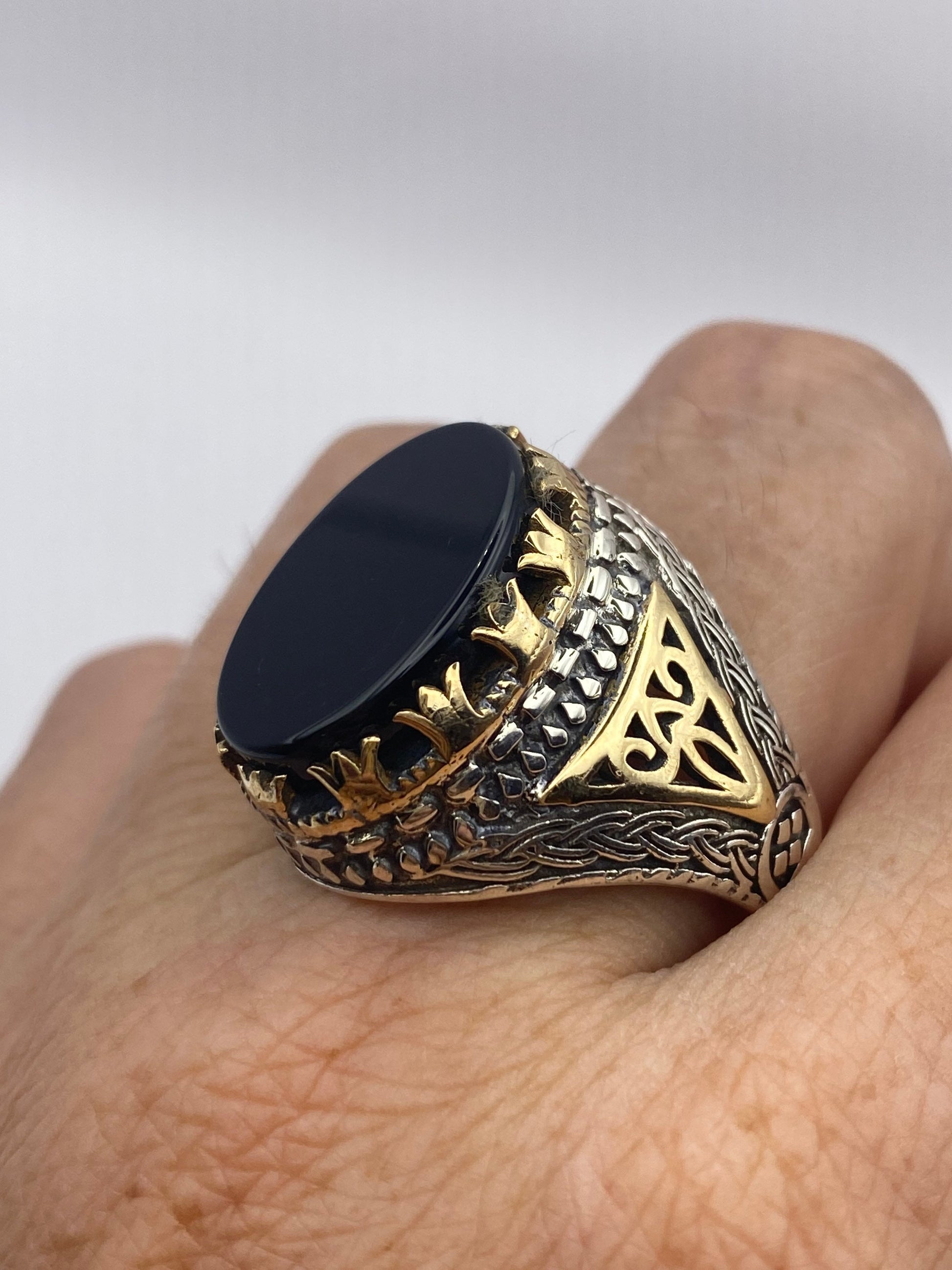 Vintage Onyx Mens Ring in 925 Sterling Silver Persian Genuine Black Onyx