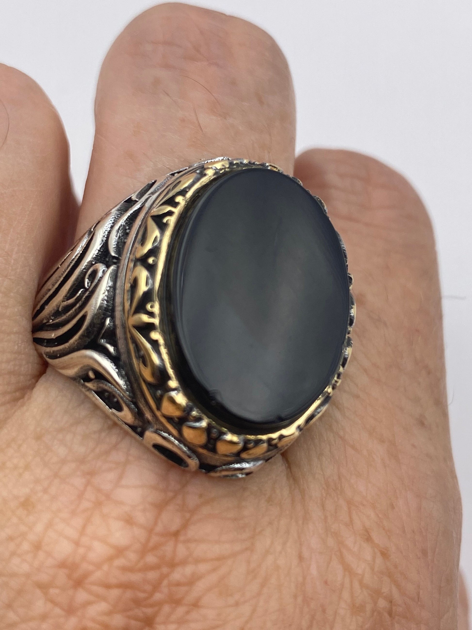 Vintage Onyx Mens Ring in 925 Sterling Silver Persian Genuine Black Onyx