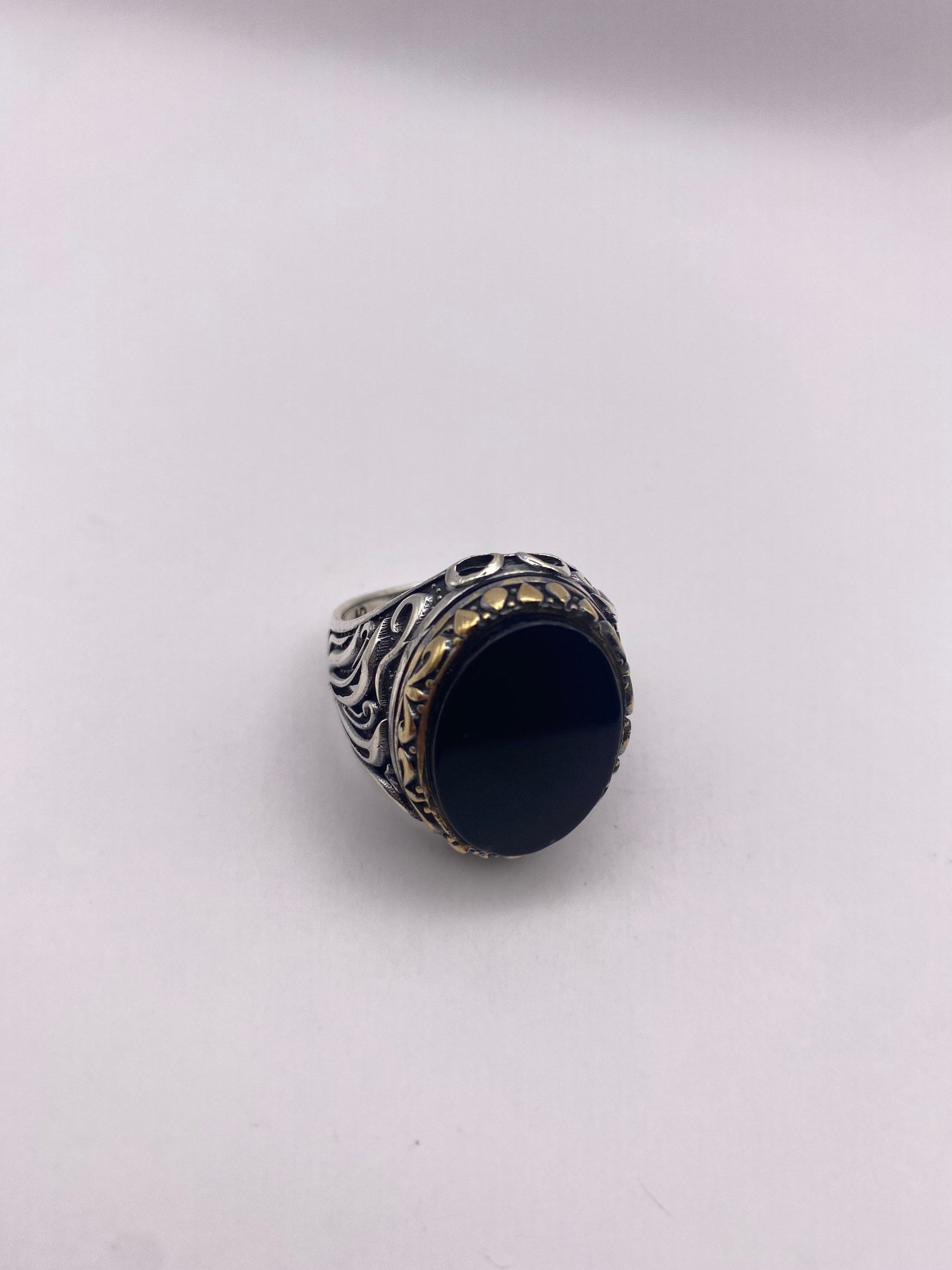 Vintage Onyx Mens Ring in 925 Sterling Silver Persian Genuine Black Onyx