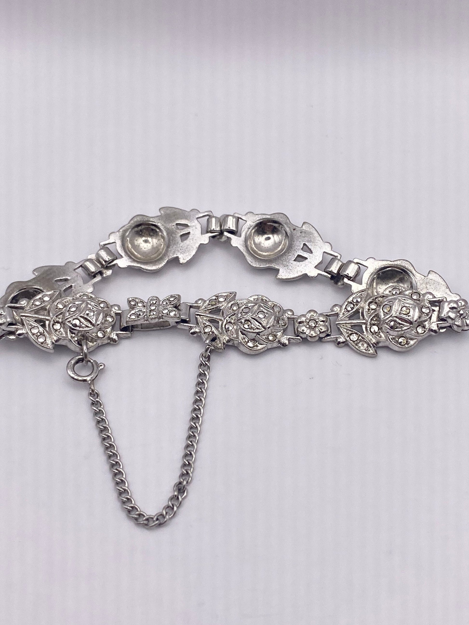 Marcasite Rose Bracelet in 925 Sterling Silver Vintage Handmade 7.5 Inch