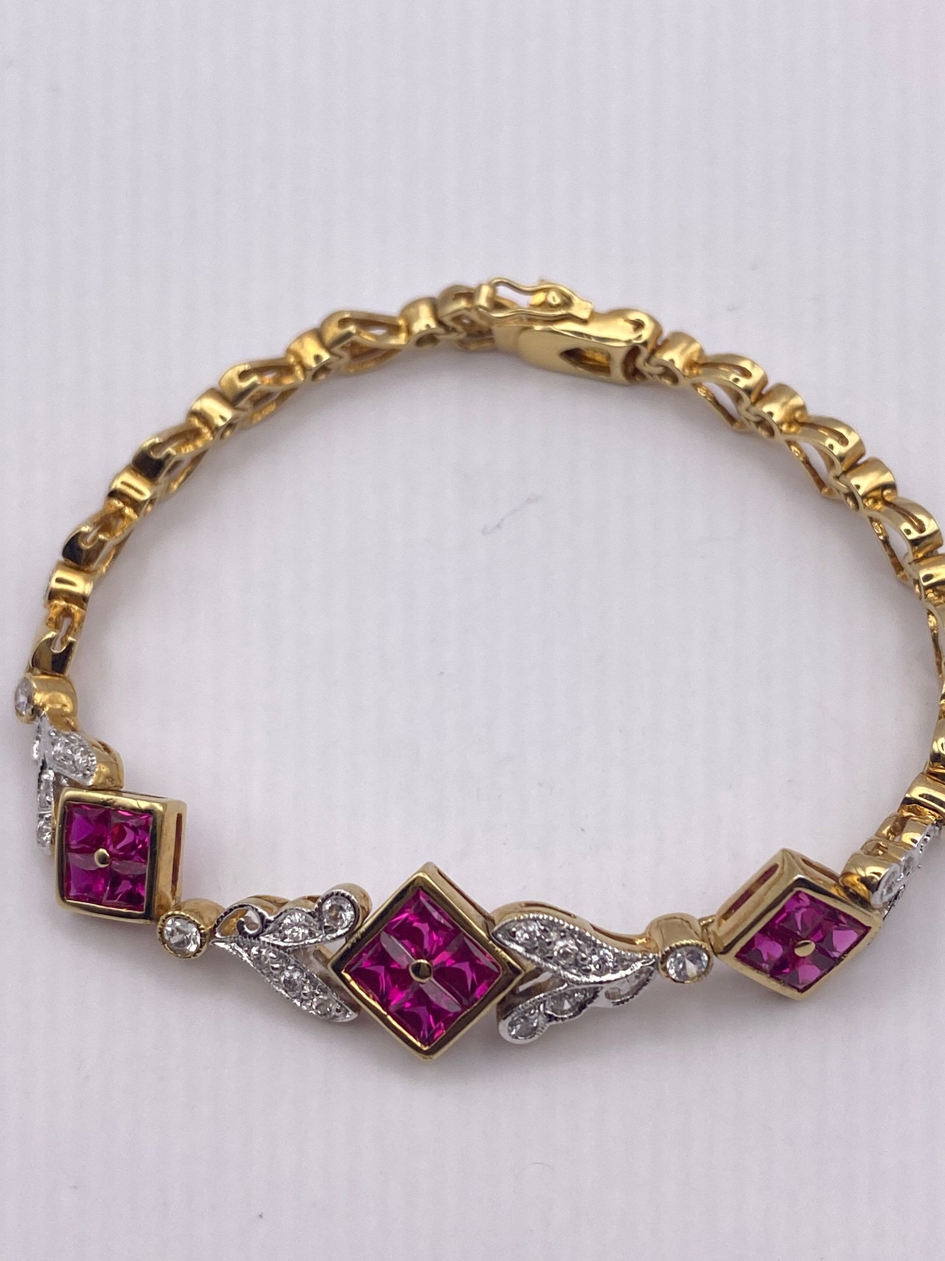 Vintage White Sapphire Ruby Crystal Golden 925 Sterling Silver Bracelet