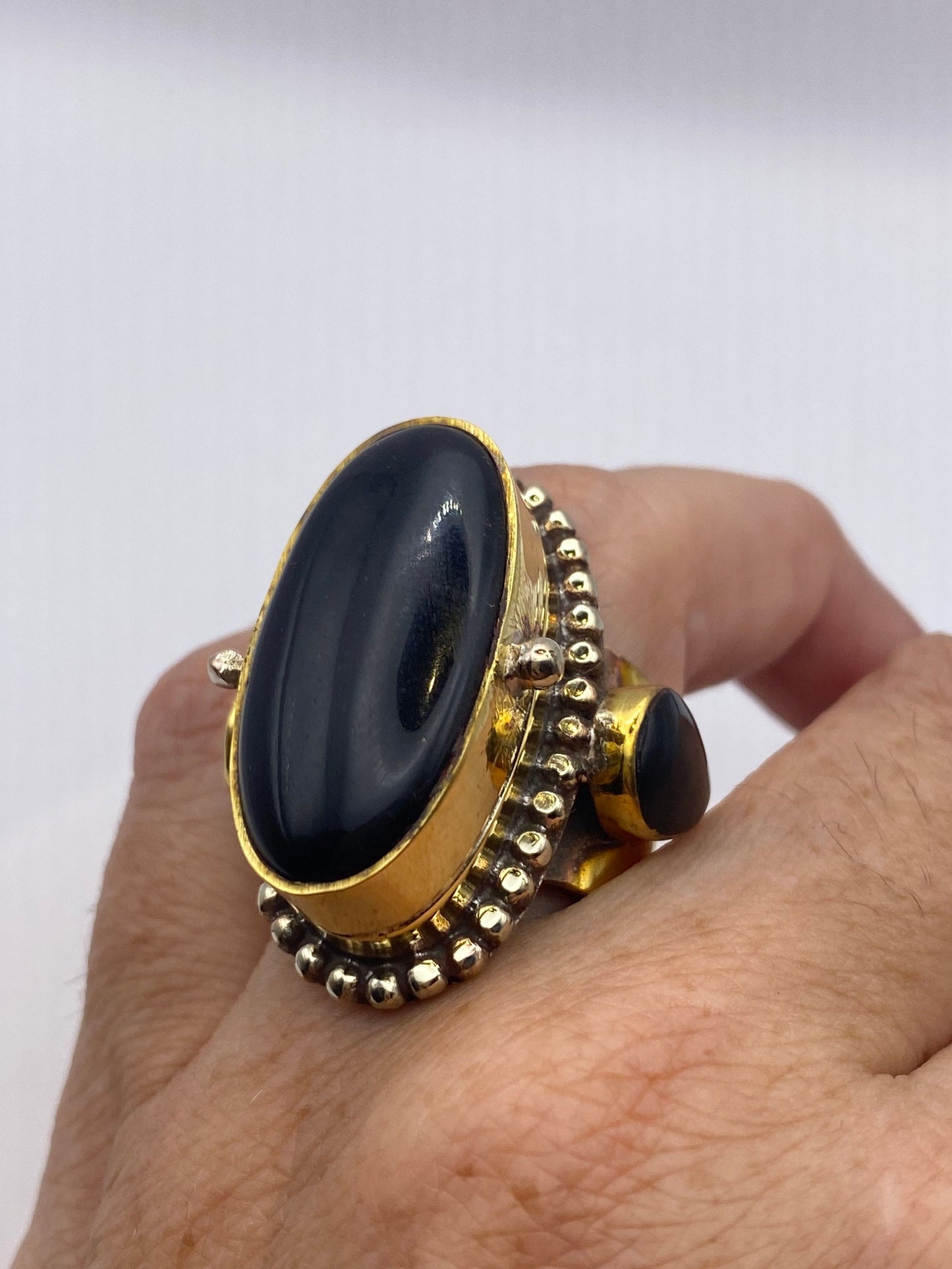 Vintage Black Onyx Brass Poison Pillbox Adjustable Ring