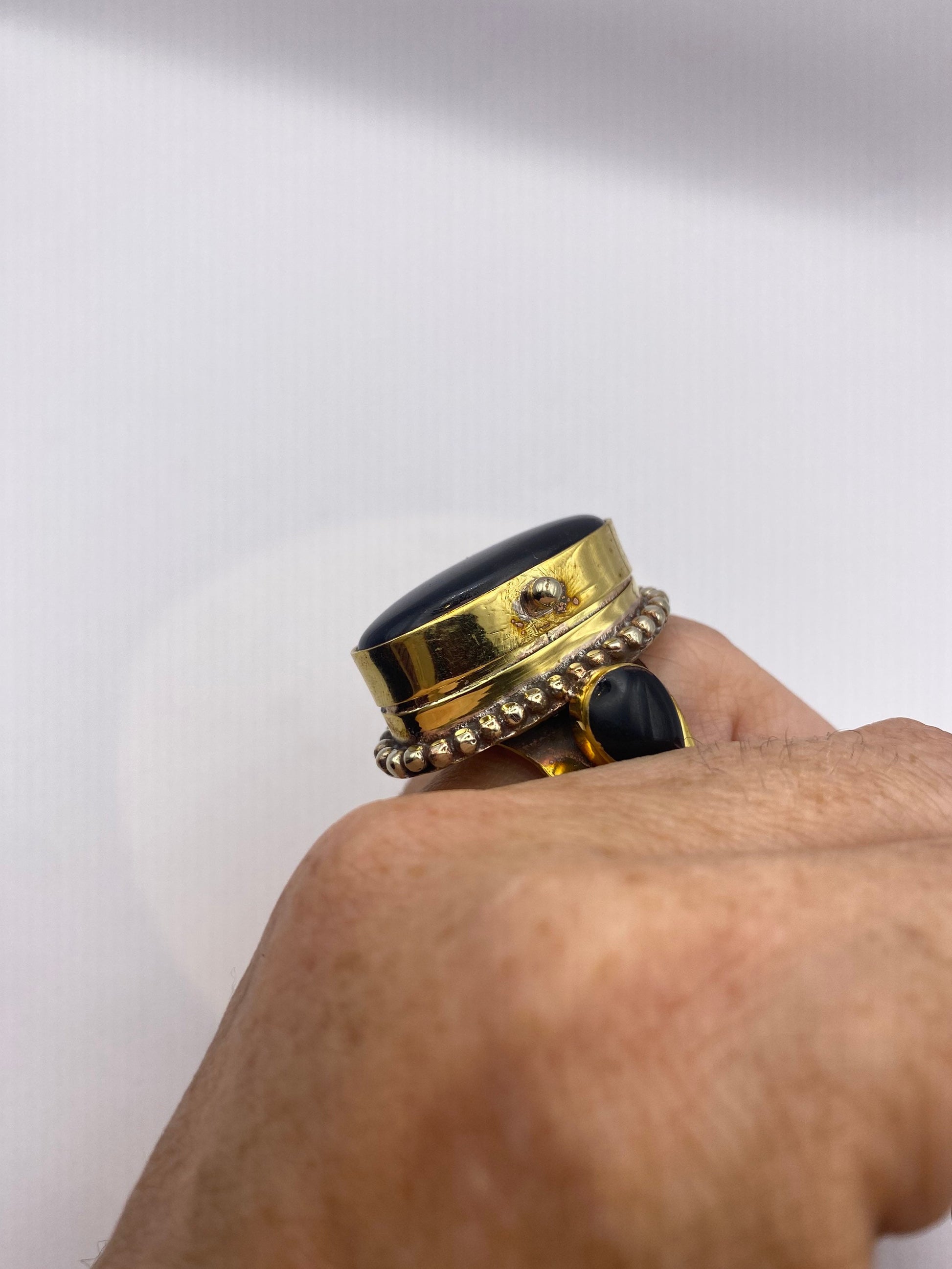 Vintage Black Onyx Brass Poison Pillbox Adjustable Ring