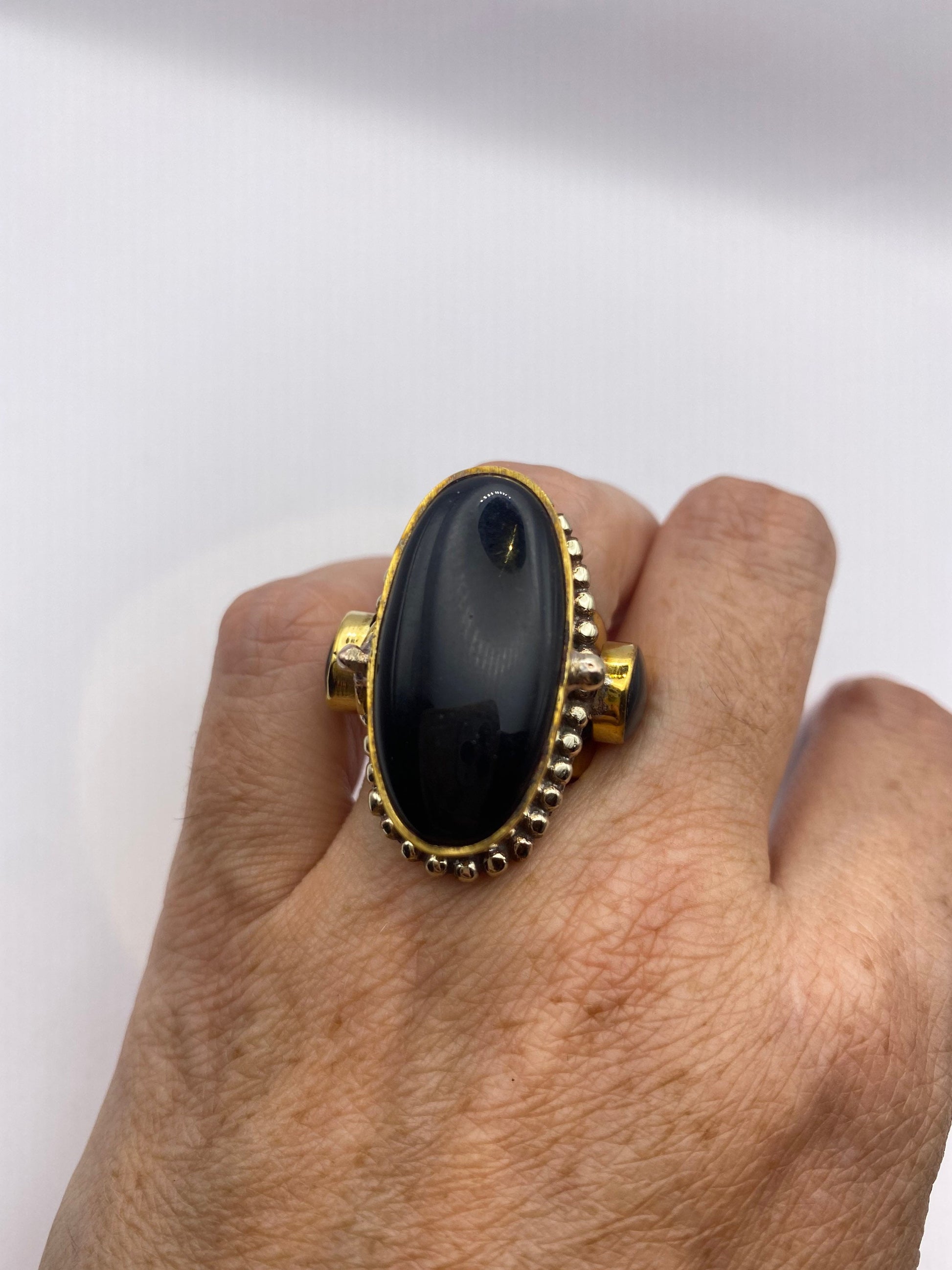 Vintage Black Onyx Brass Poison Pillbox Adjustable Ring