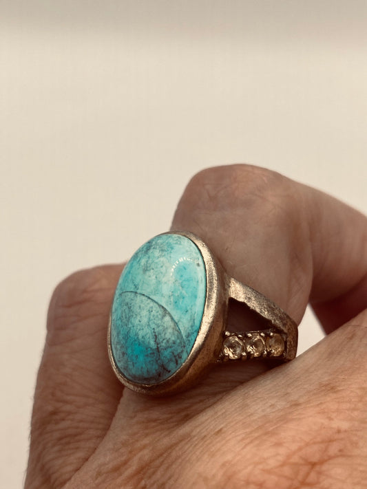 Vintage Blue Larimar Ring Golden 925 Sterling Silver