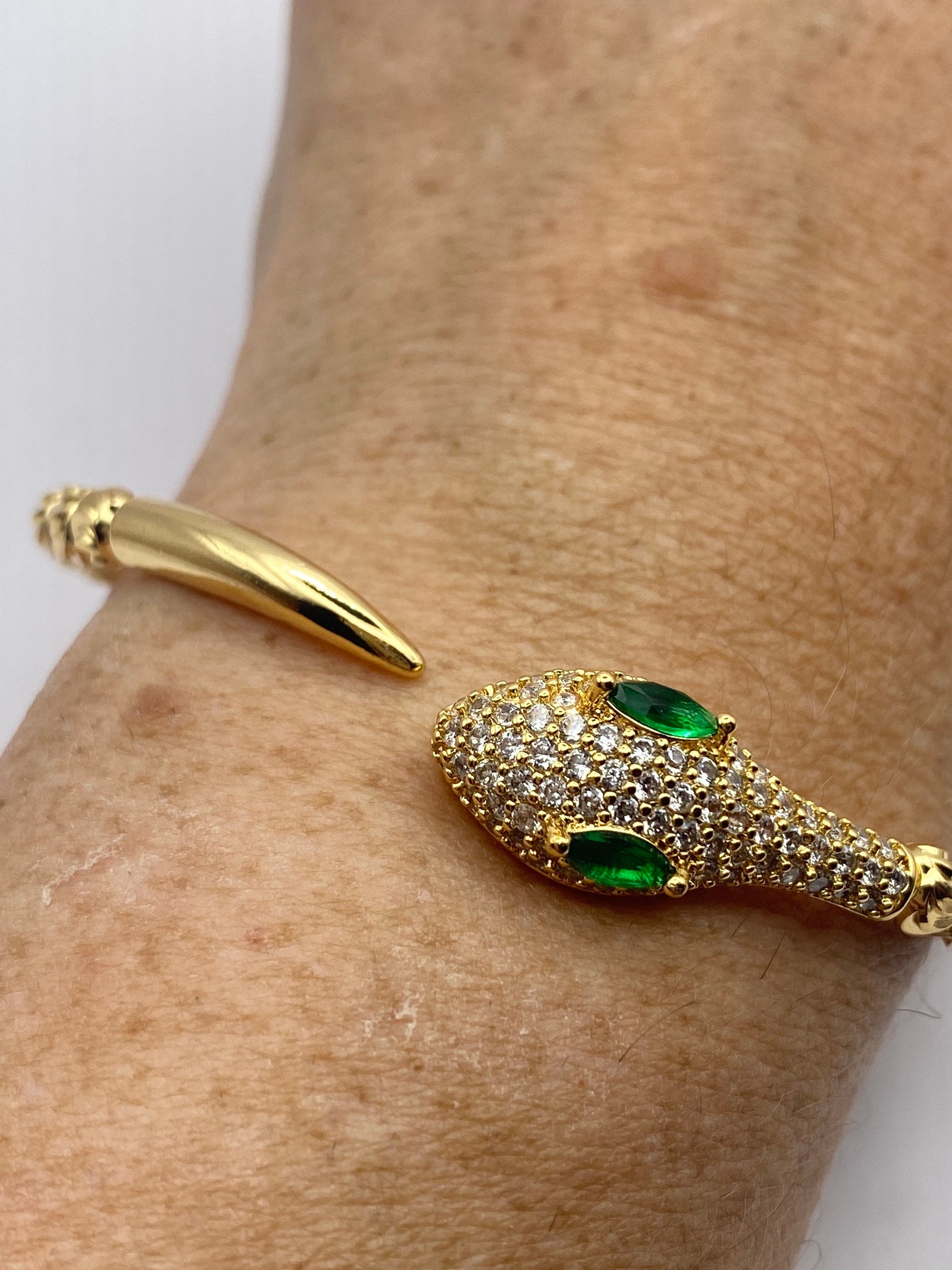 Vintage Snake Bangle Bracelet Gold filled Green Crystal Eyes