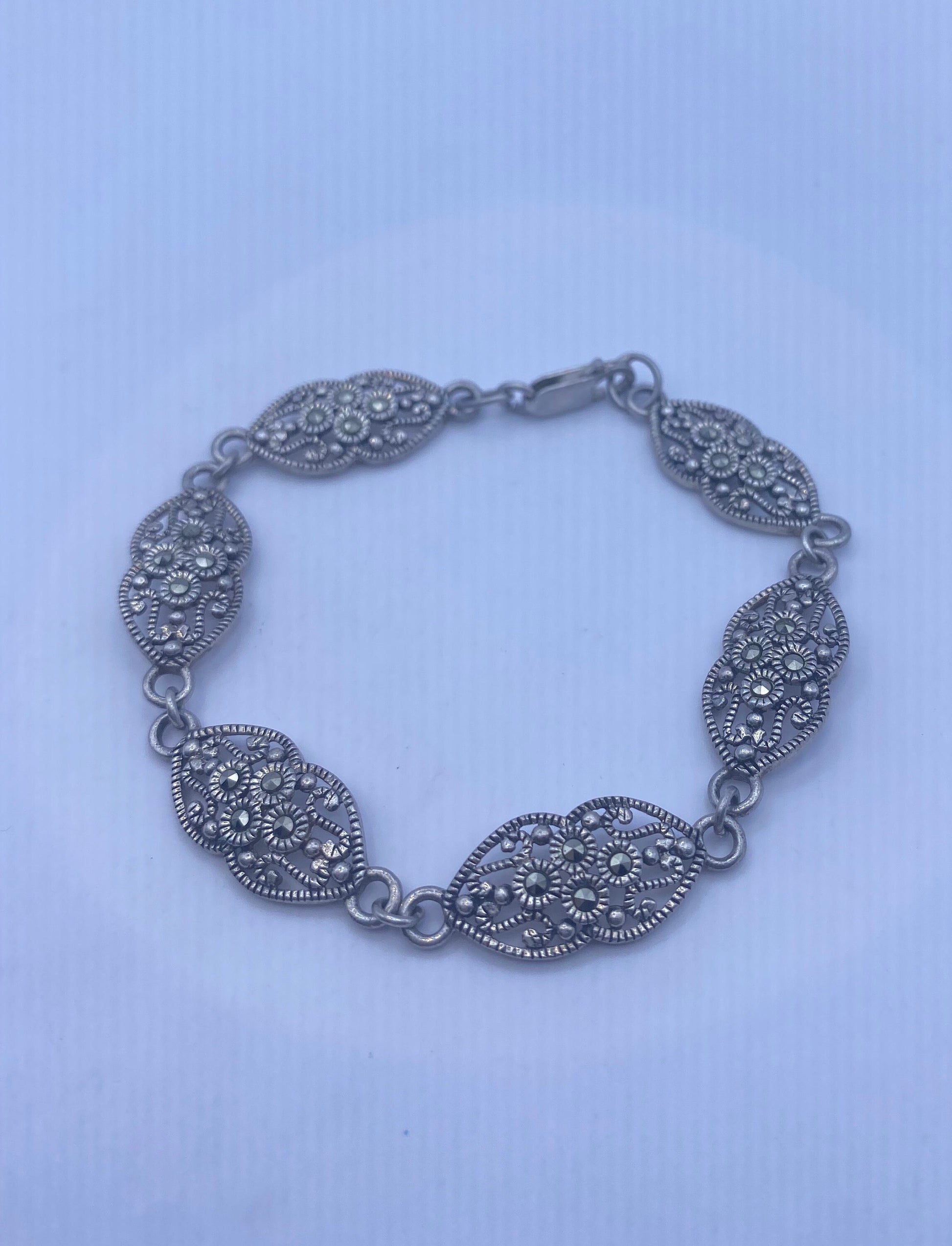 Marcasite Bracelet in 925 Sterling Silver Vintage Handmade 7.5 Inch