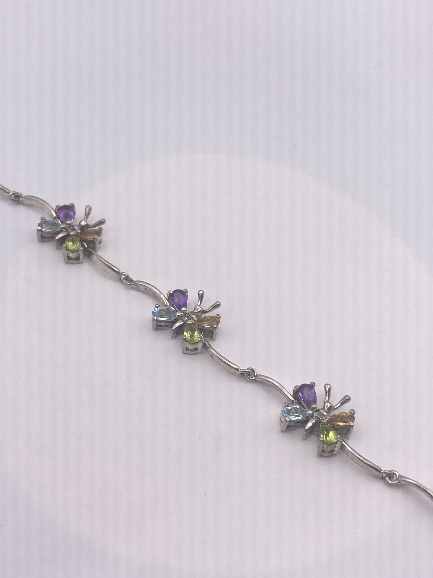 Vintage Mixed Gemstone Butterfly 925 Sterling Silver Tennis Bracelet