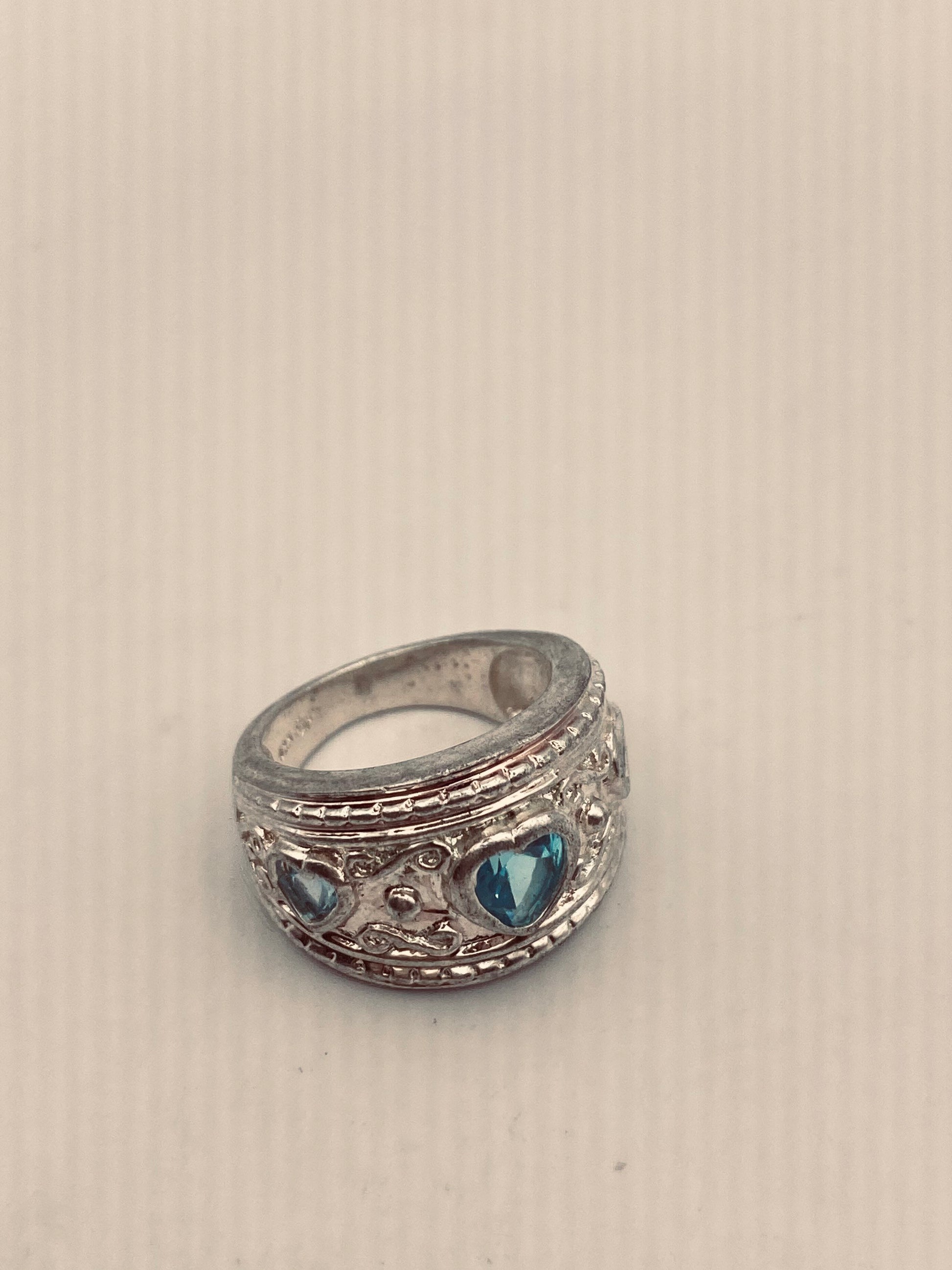 Vintage Blue Topaz Heart Band 925 Sterling Silver Ring Size 6