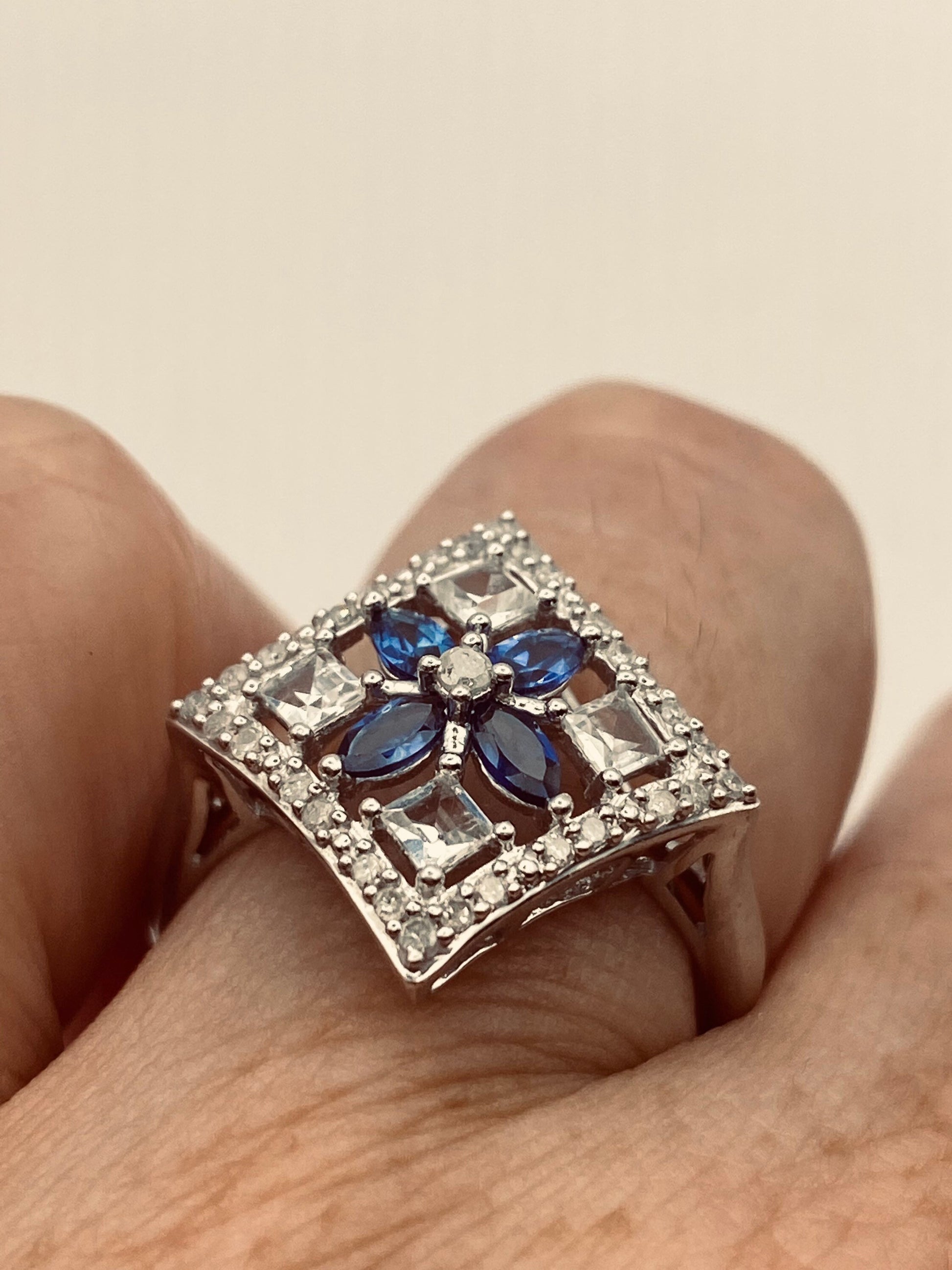 Vintage Blue Sapphire and White 925 Sterling Silver Gothic Ring