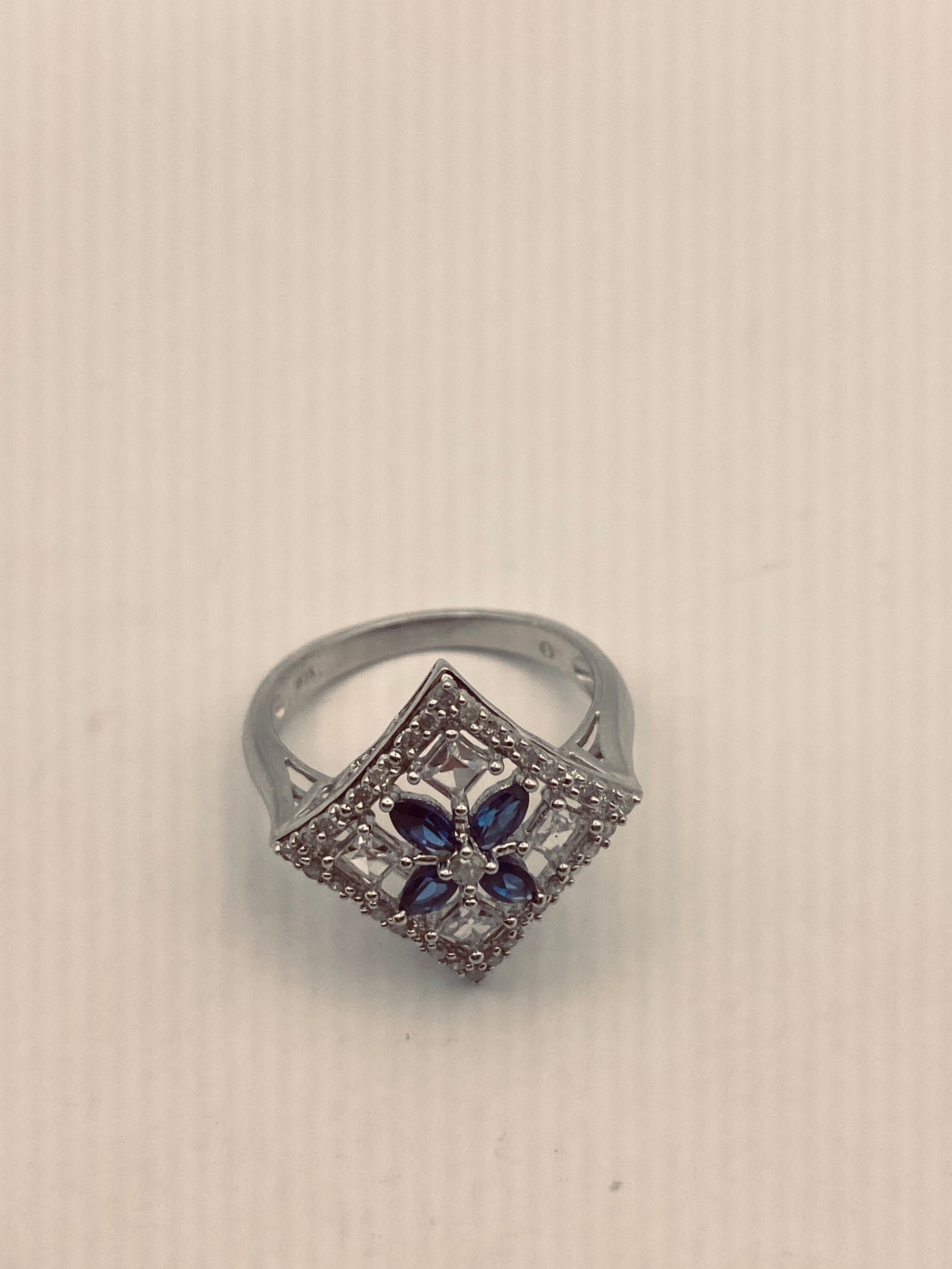Vintage Blue Sapphire and White 925 Sterling Silver Gothic Ring