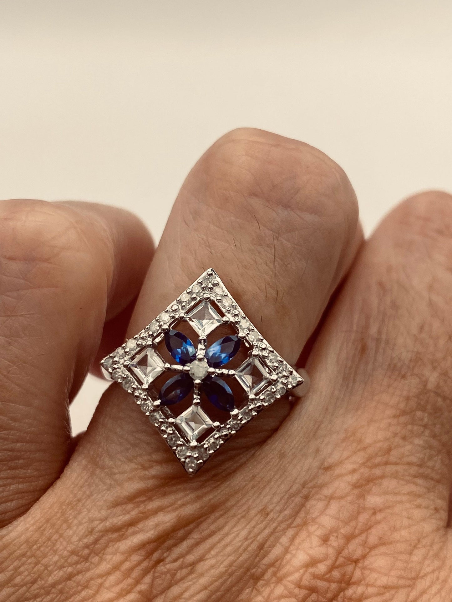 Vintage Blue Sapphire and White 925 Sterling Silver Gothic Ring