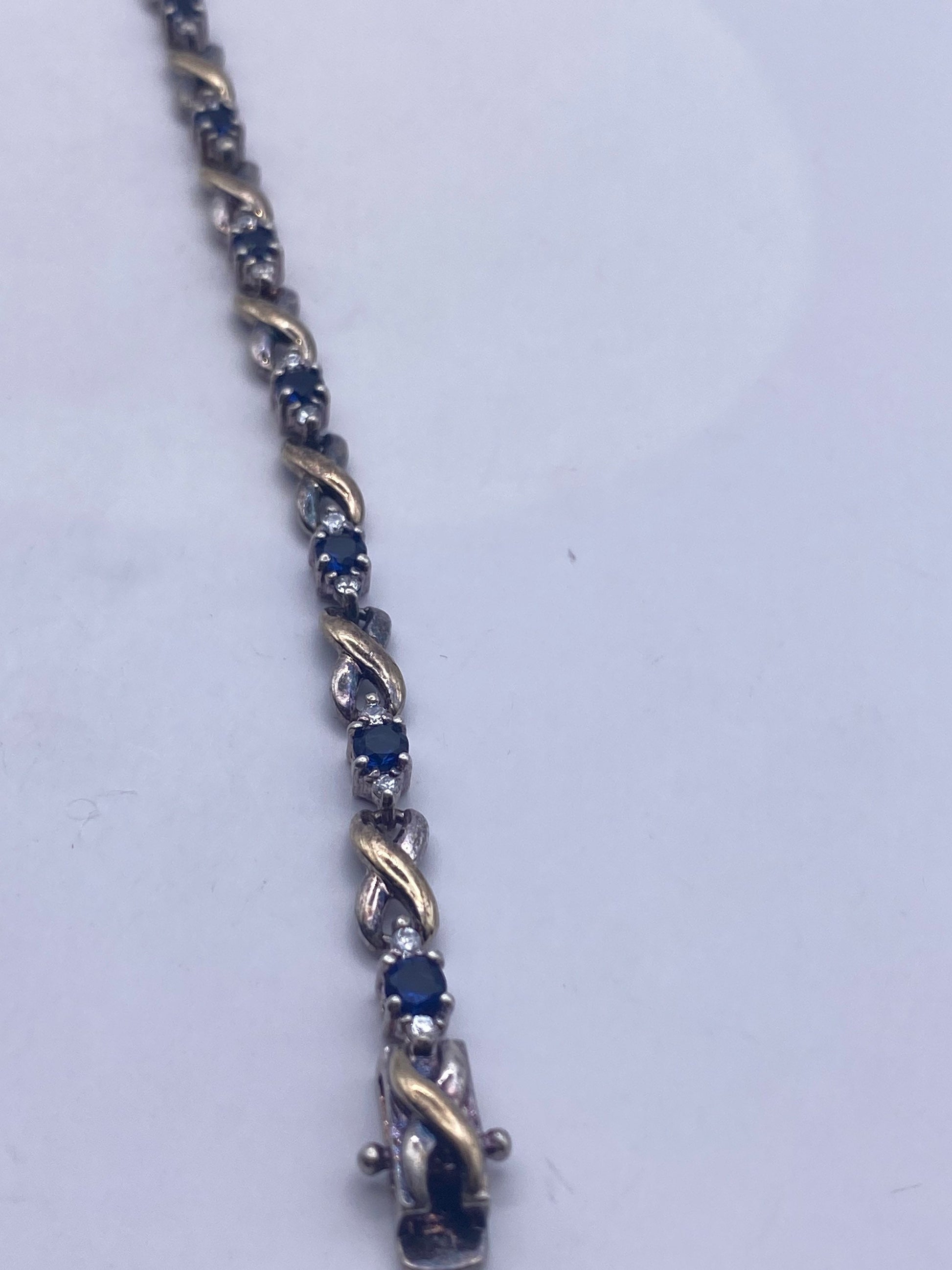 Vintage Blue and white Sapphire Bracelet Golden 925 Sterling Silver Tennis