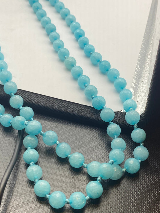 60 Inch Hand Knoted Vintage Blue chalcedony beaded Necklace
