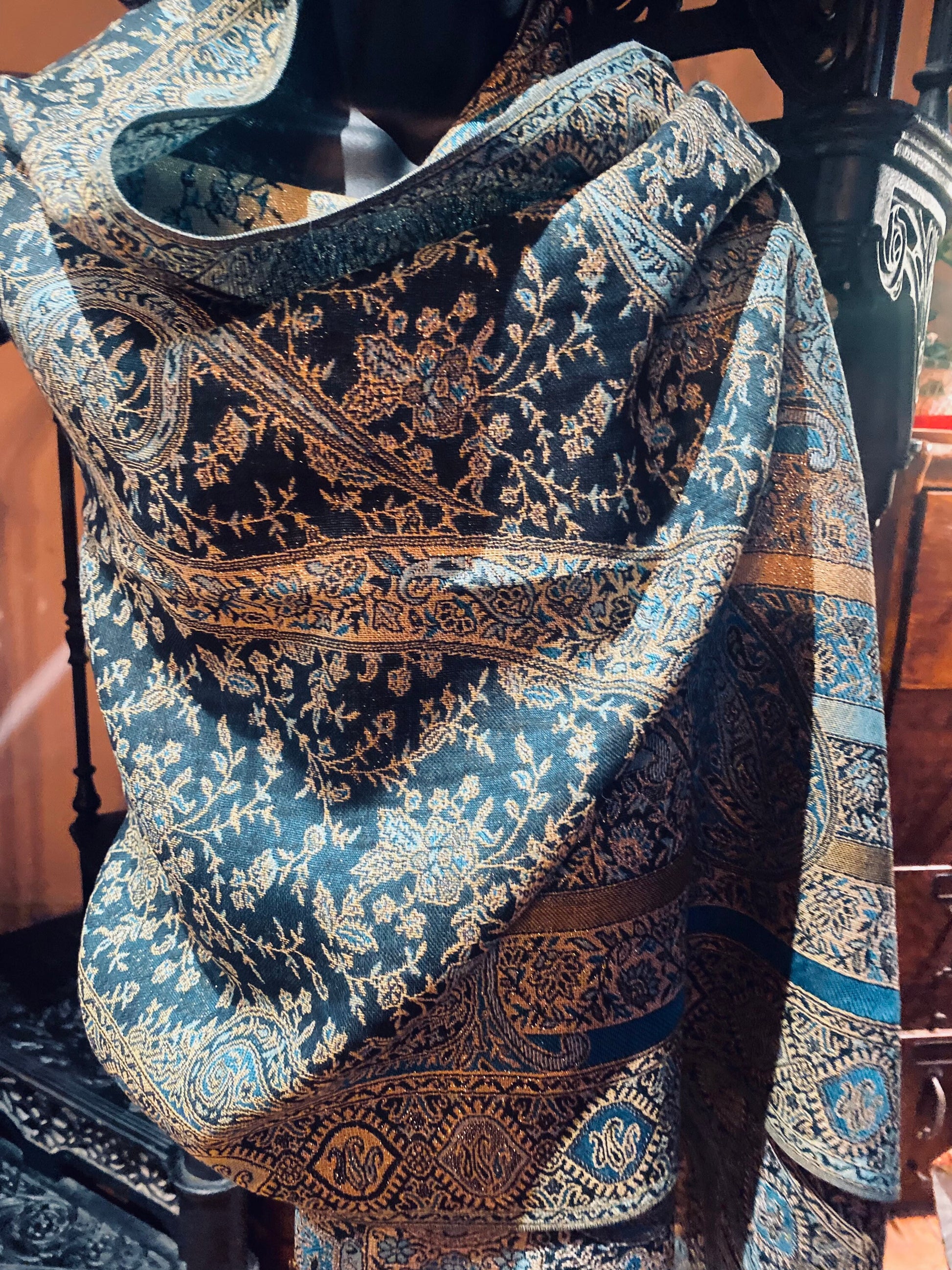 Jamawar Blue Gold Paisley Brocade Pashmina Scarf Wrap Shawl