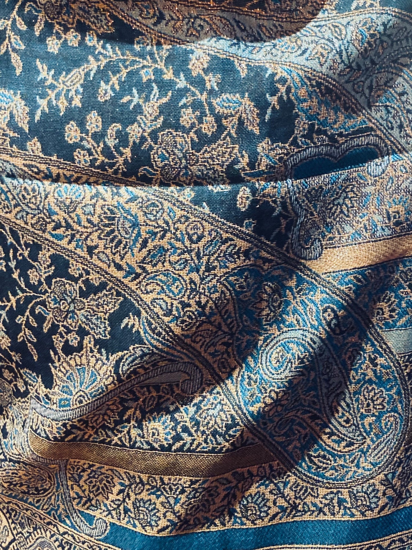 Jamawar Blue Gold Paisley Brocade Pashmina Scarf Wrap Shawl