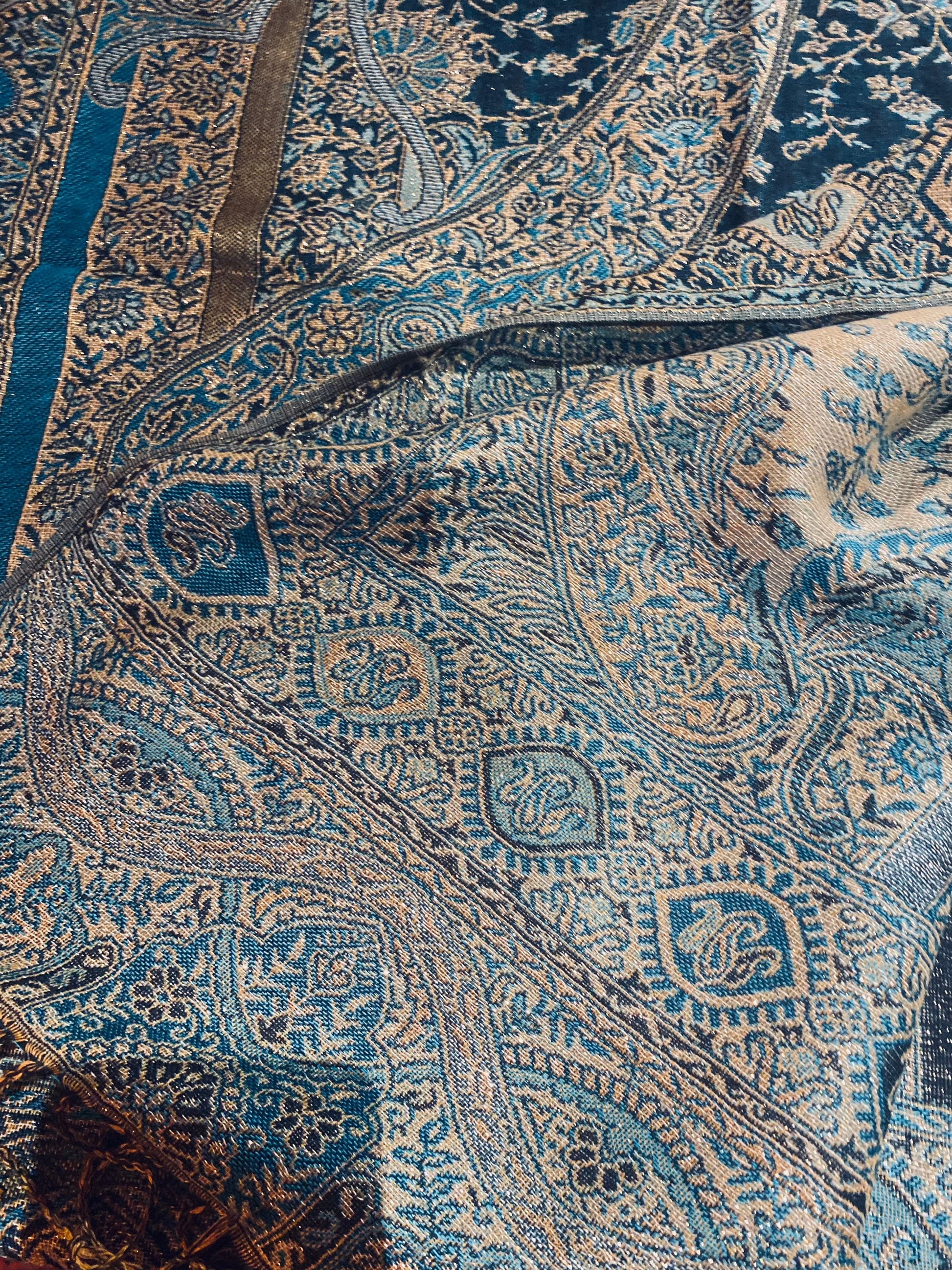 Jamawar Blue Gold Paisley Brocade Pashmina Scarf Wrap Shawl