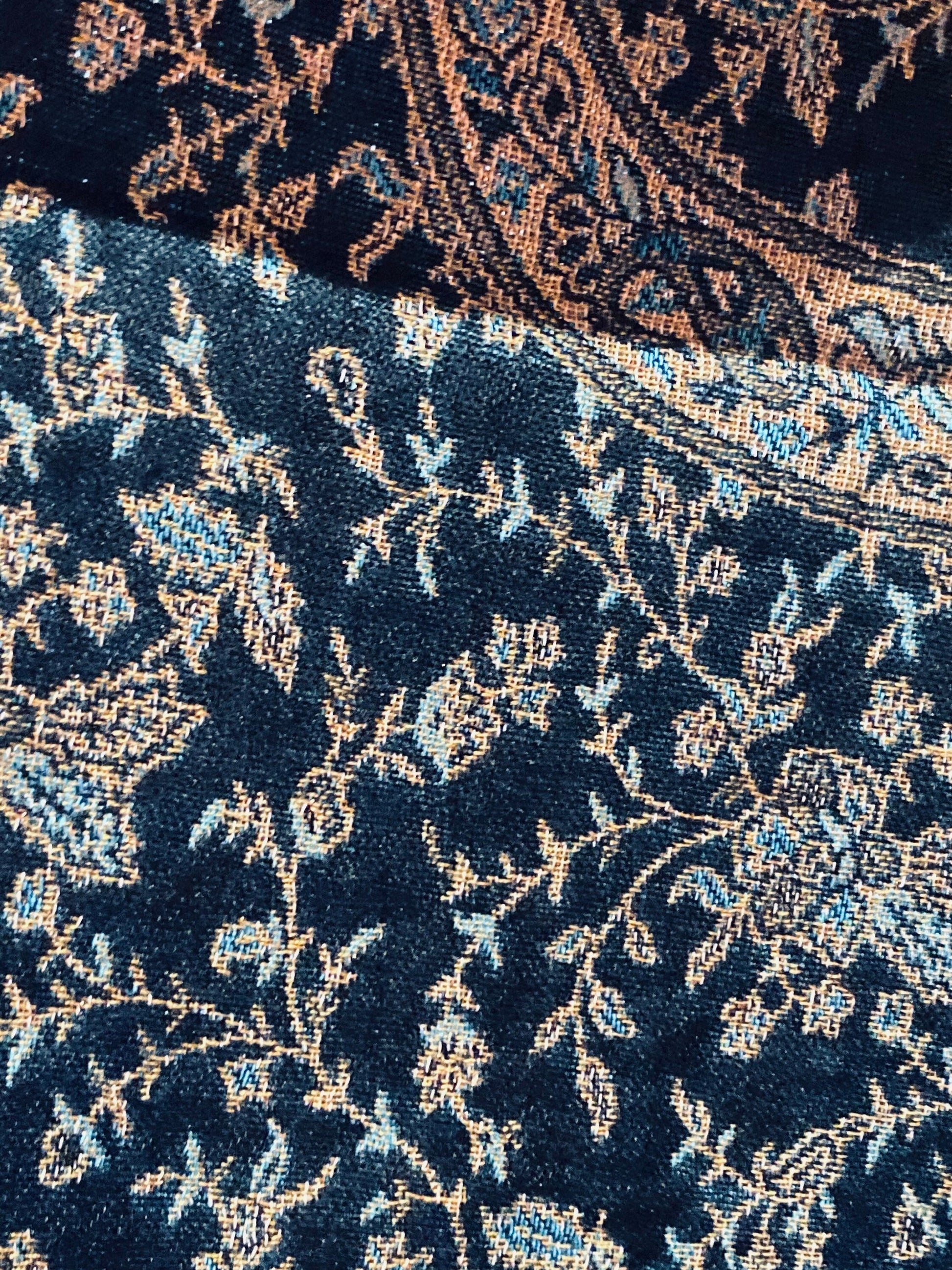 Jamawar Blue Gold Paisley Brocade Pashmina Scarf Wrap Shawl