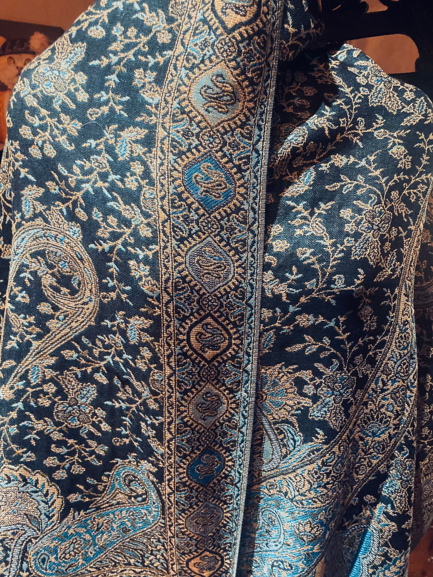 Jamawar Blue Gold Paisley Brocade Pashmina Scarf Wrap Shawl