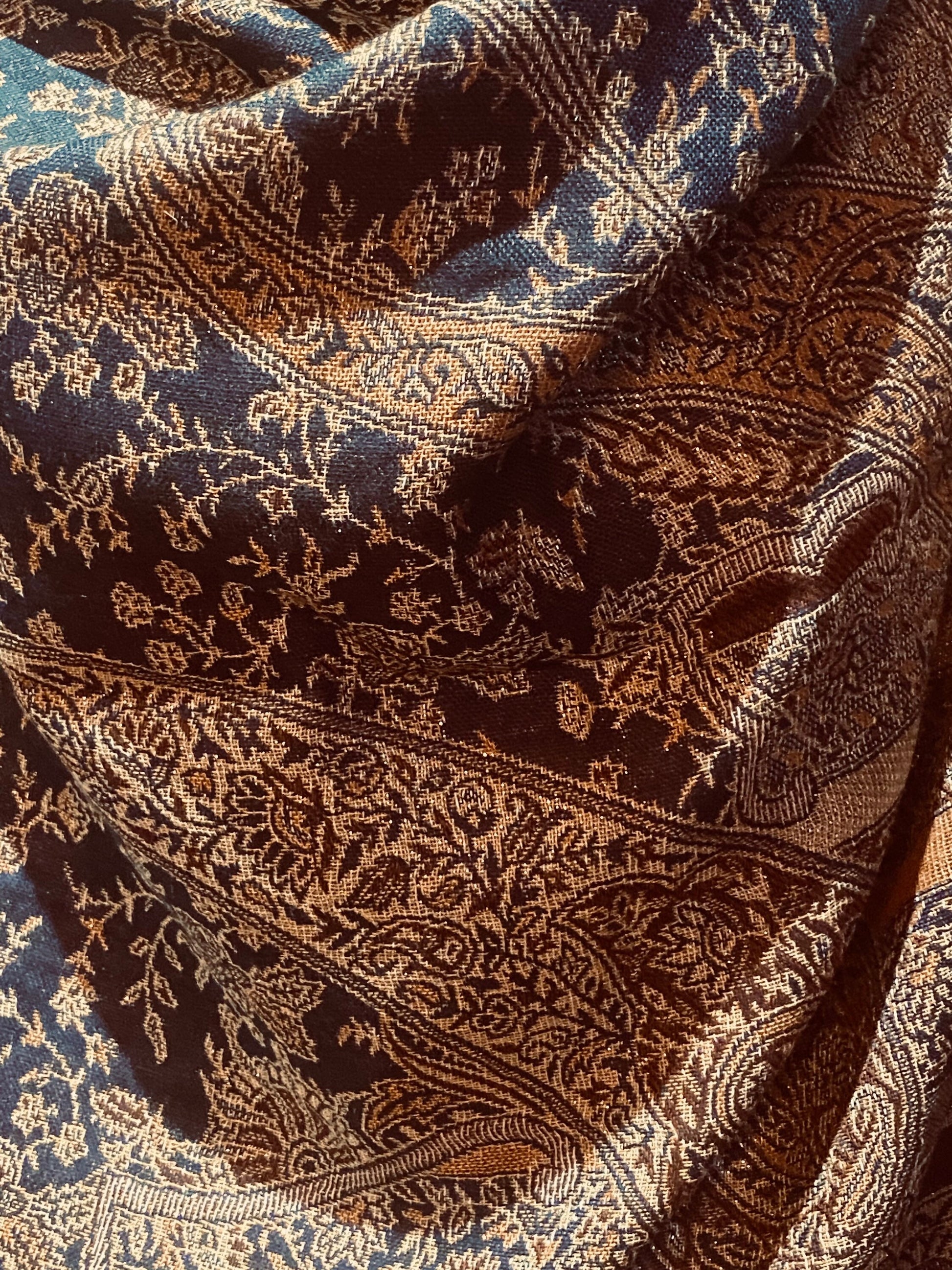 Jamawar Blue Gold Paisley Brocade Pashmina Scarf Wrap Shawl