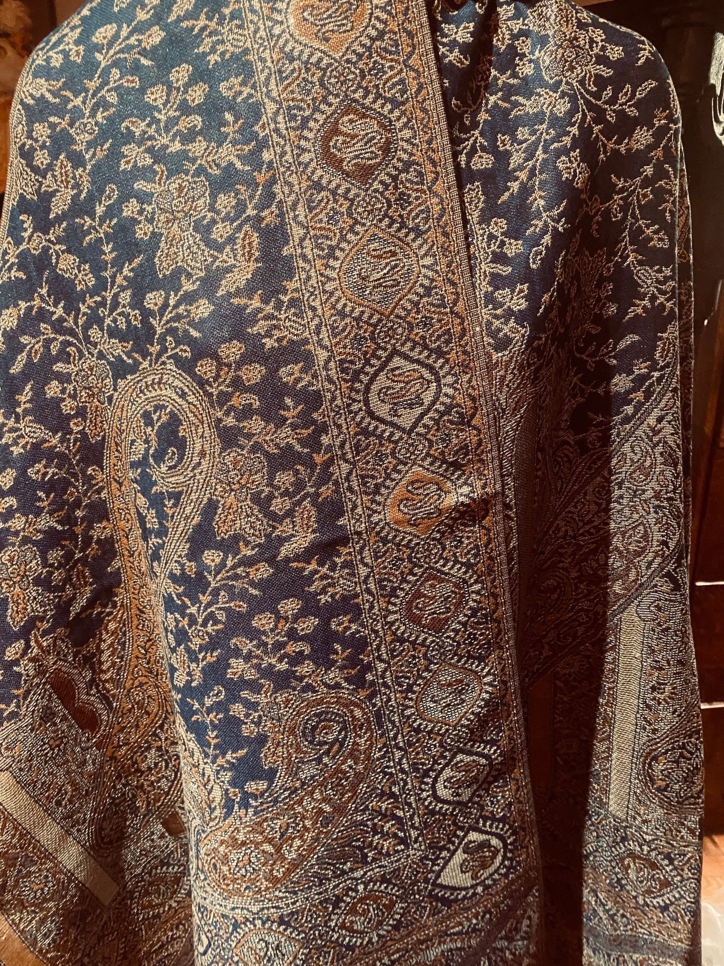 Jamawar Blue Gold Paisley Brocade Pashmina Scarf Wrap Shawl