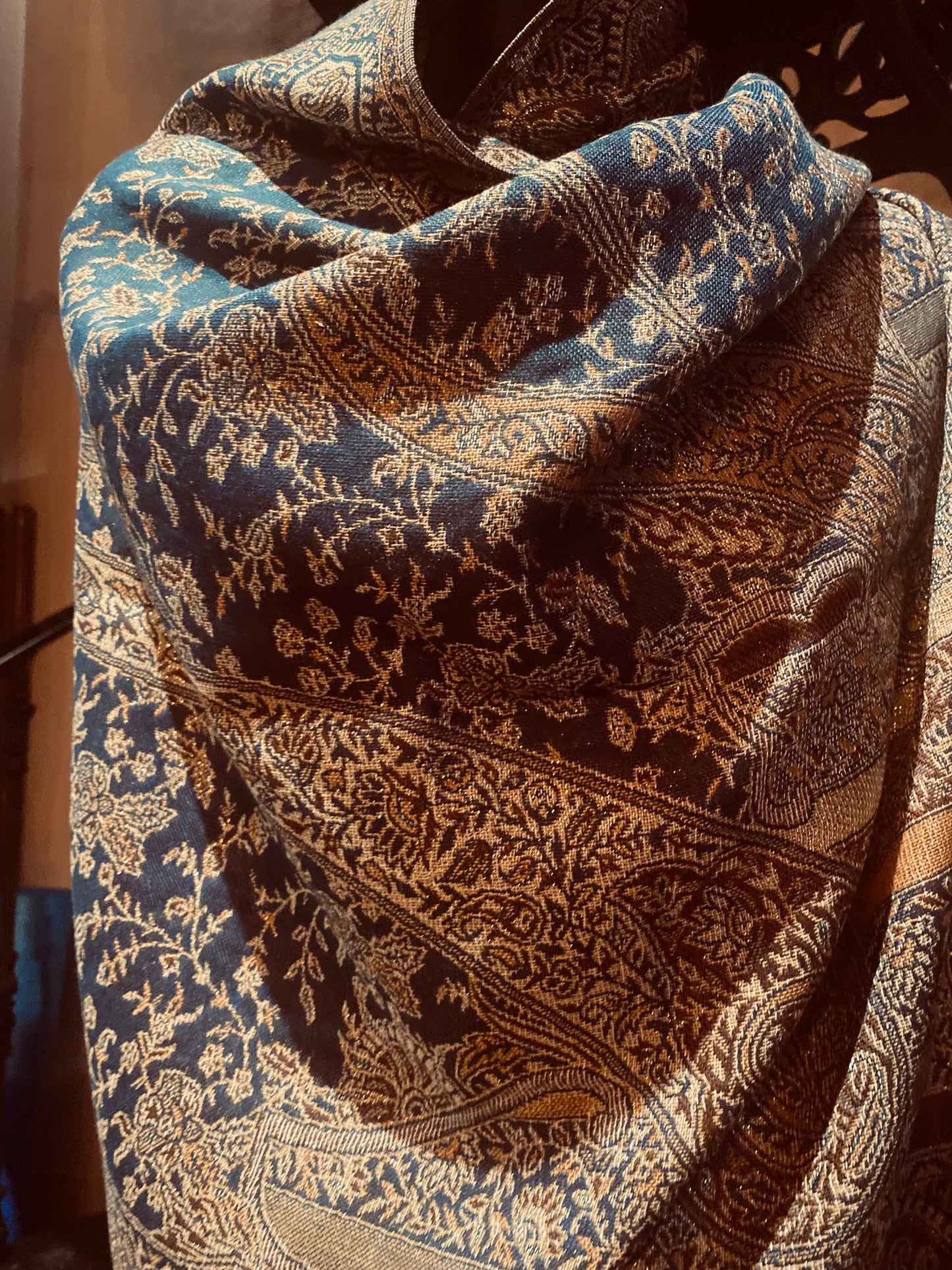 Jamawar Blue Gold Paisley Brocade Pashmina Scarf Wrap Shawl