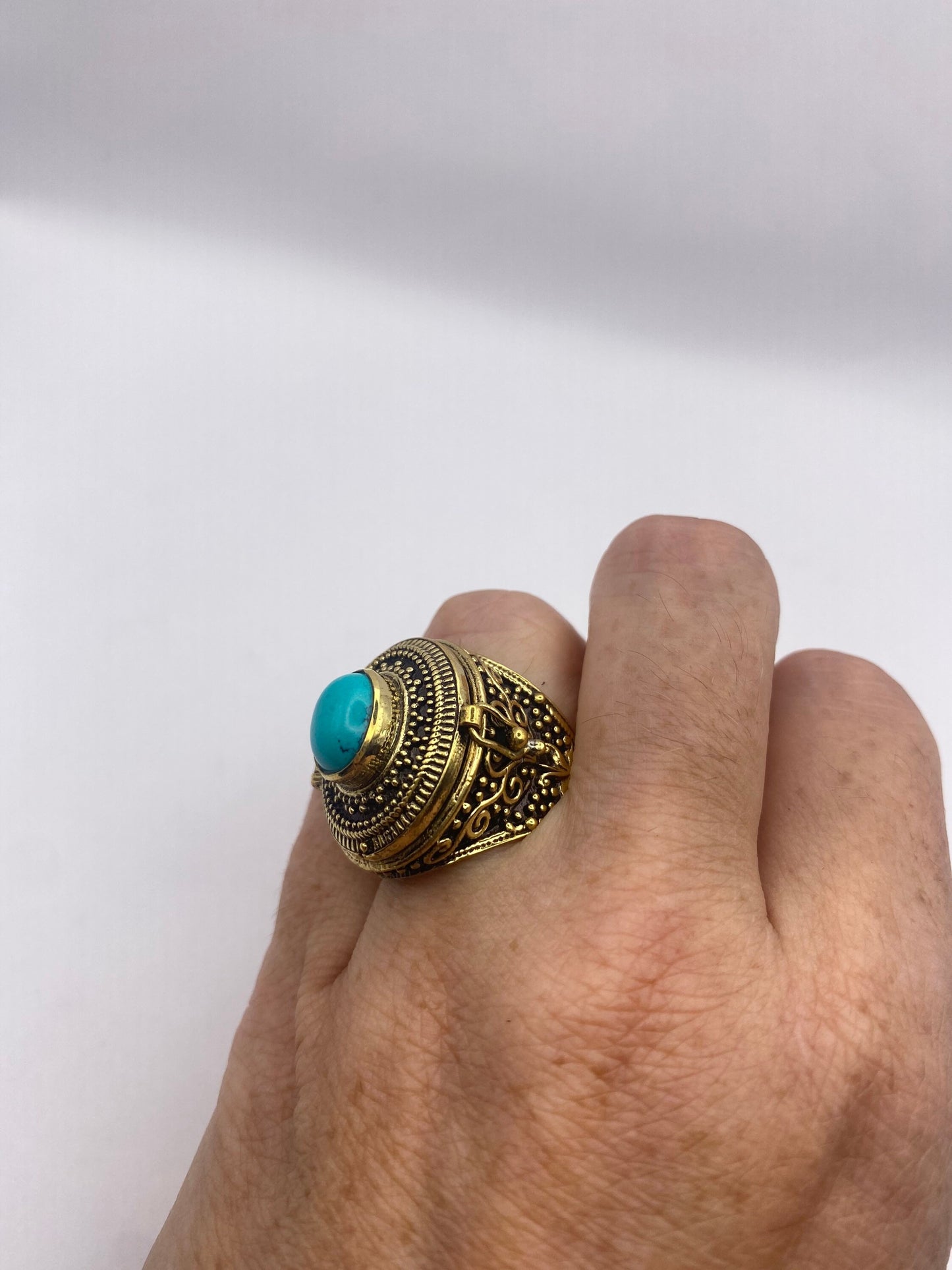 Vintage Turquoise Brass Poison Pillbox Ring