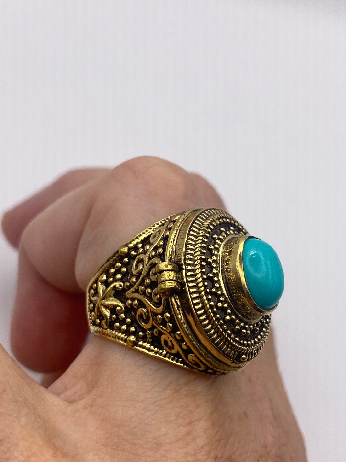 Vintage Turquoise Brass Poison Pillbox Ring