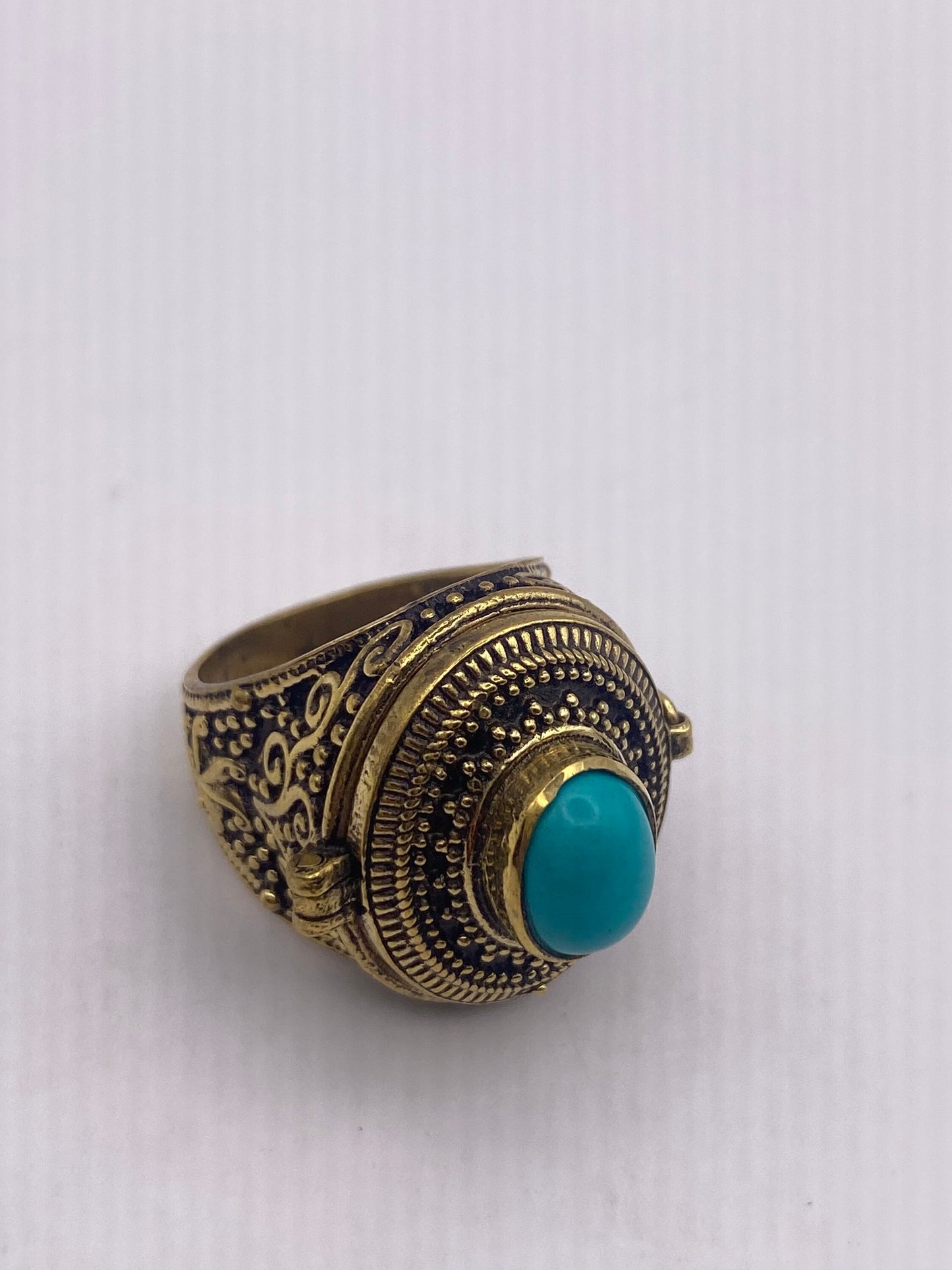 Vintage Turquoise Brass Poison Pillbox Ring