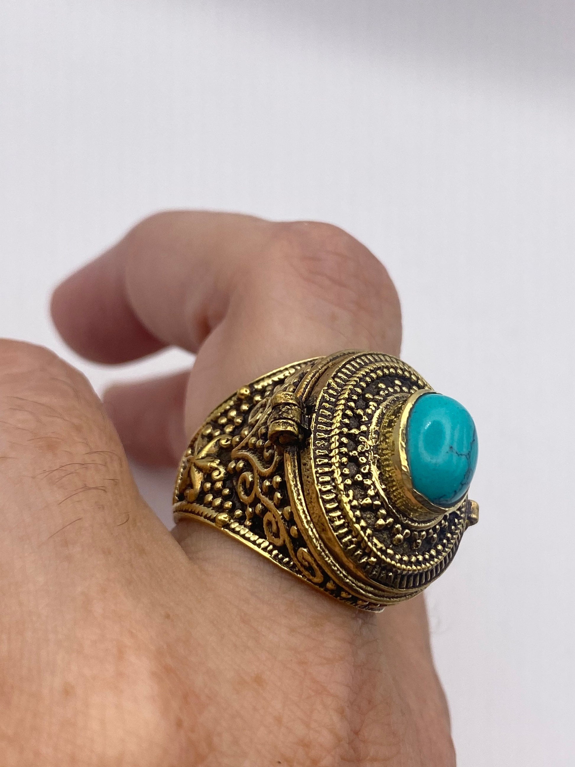 Vintage Turquoise Brass Poison Pillbox Ring