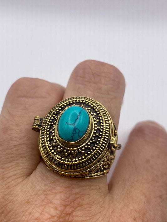 Vintage Turquoise Brass Poison Pillbox Ring