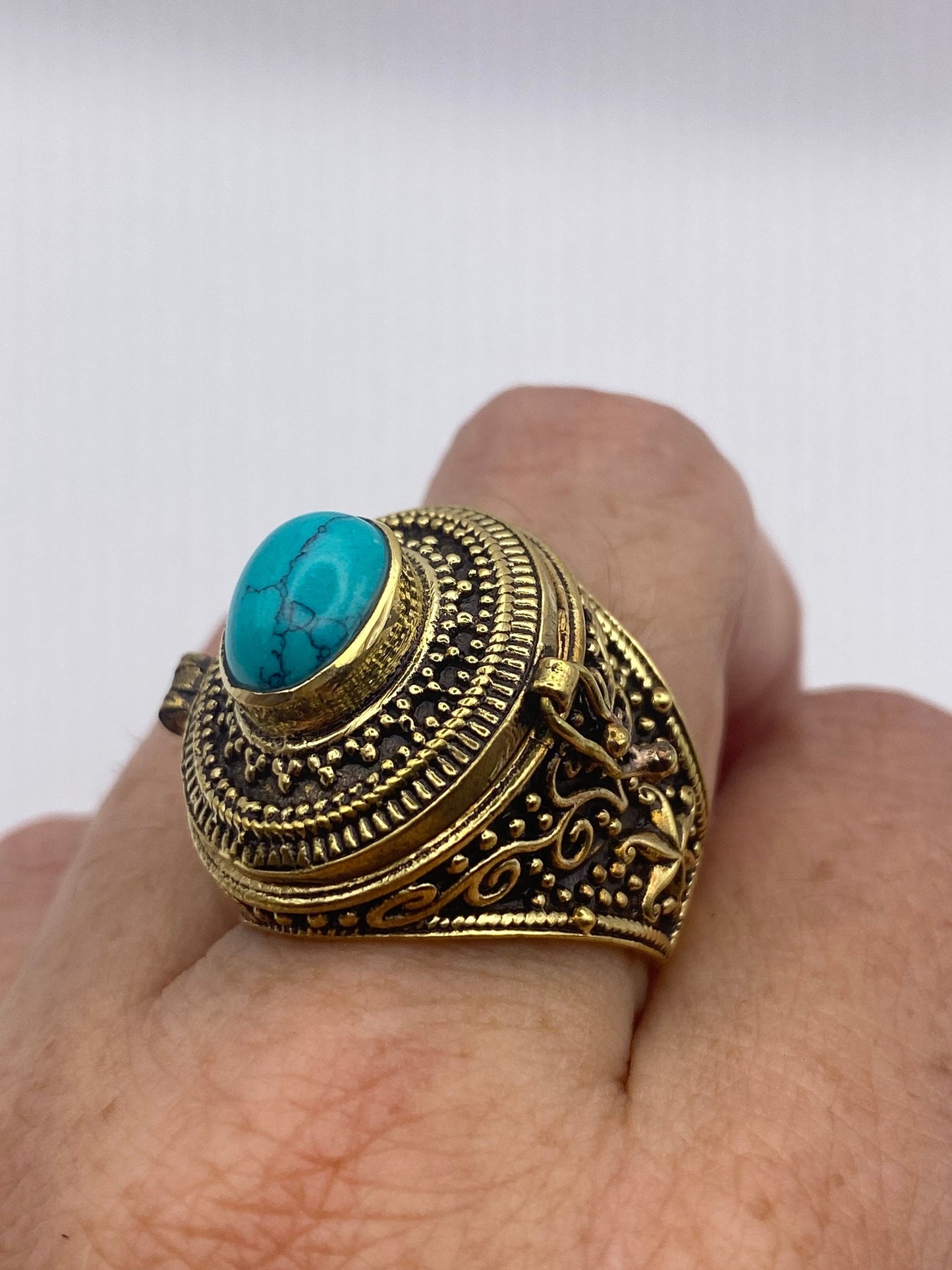 Vintage Turquoise Brass Poison Pillbox Ring