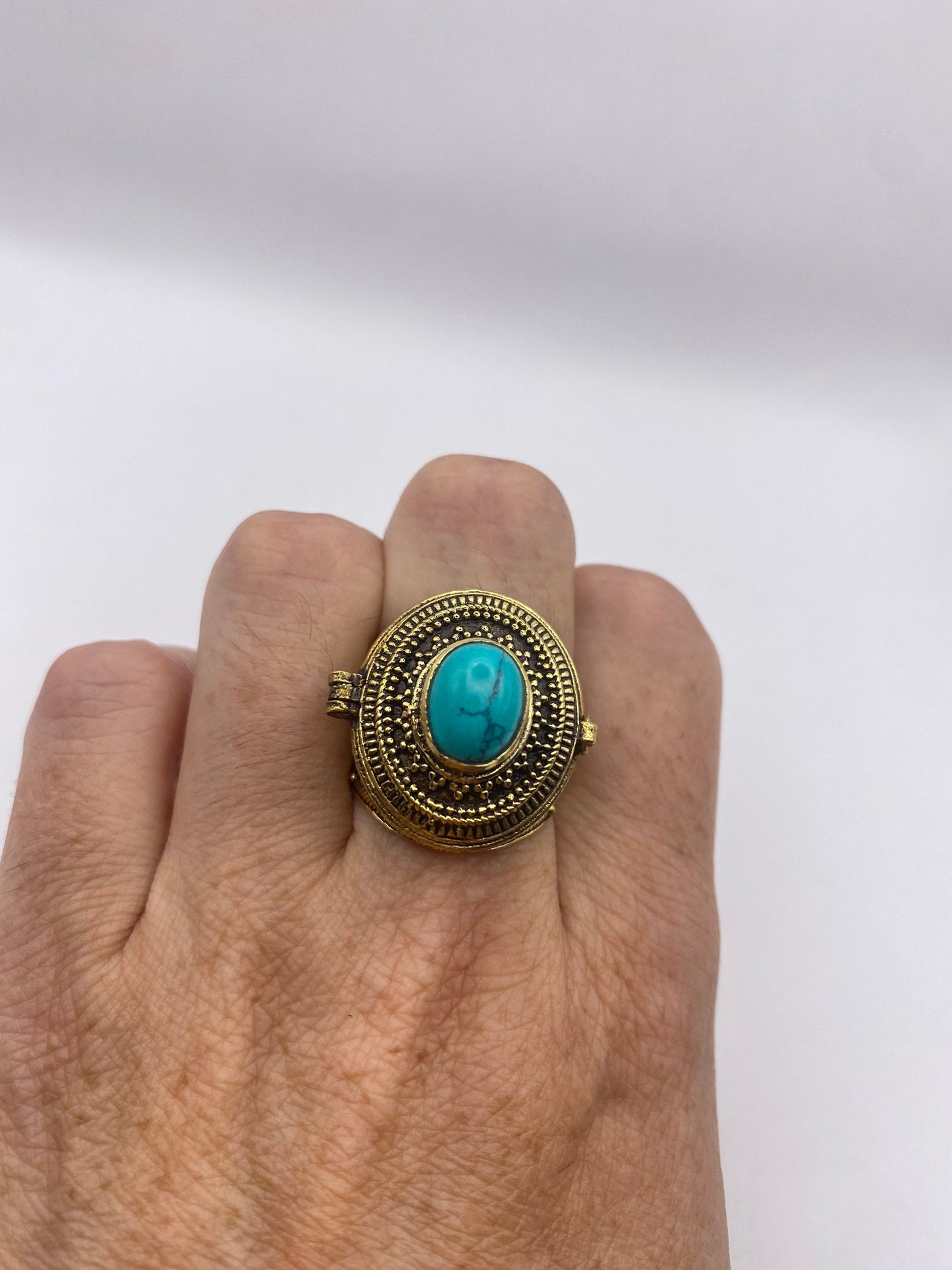 Vintage Turquoise Brass Poison Pillbox Ring