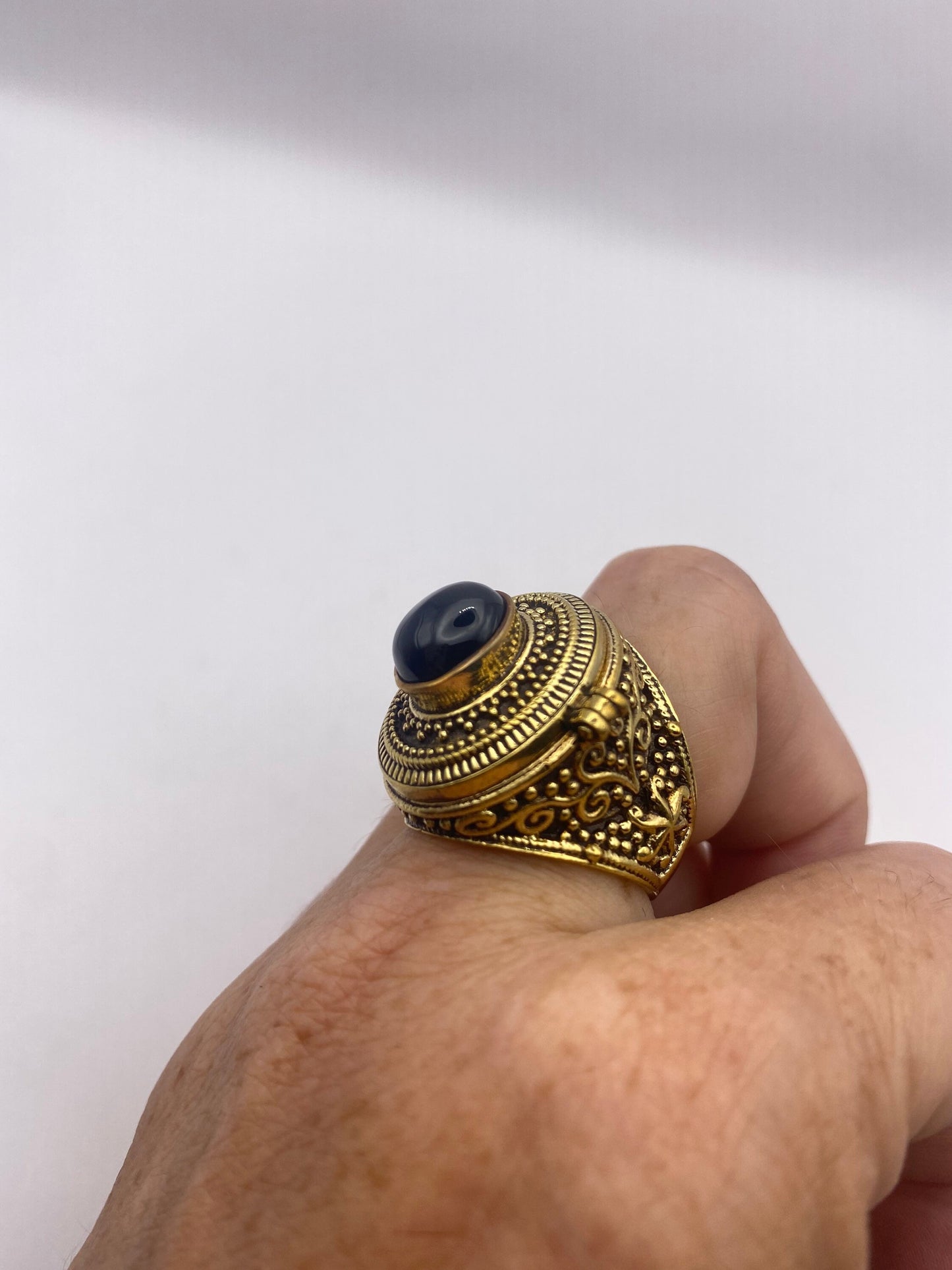 Vintage Black Onyx Brass Poison Pillbox Ring