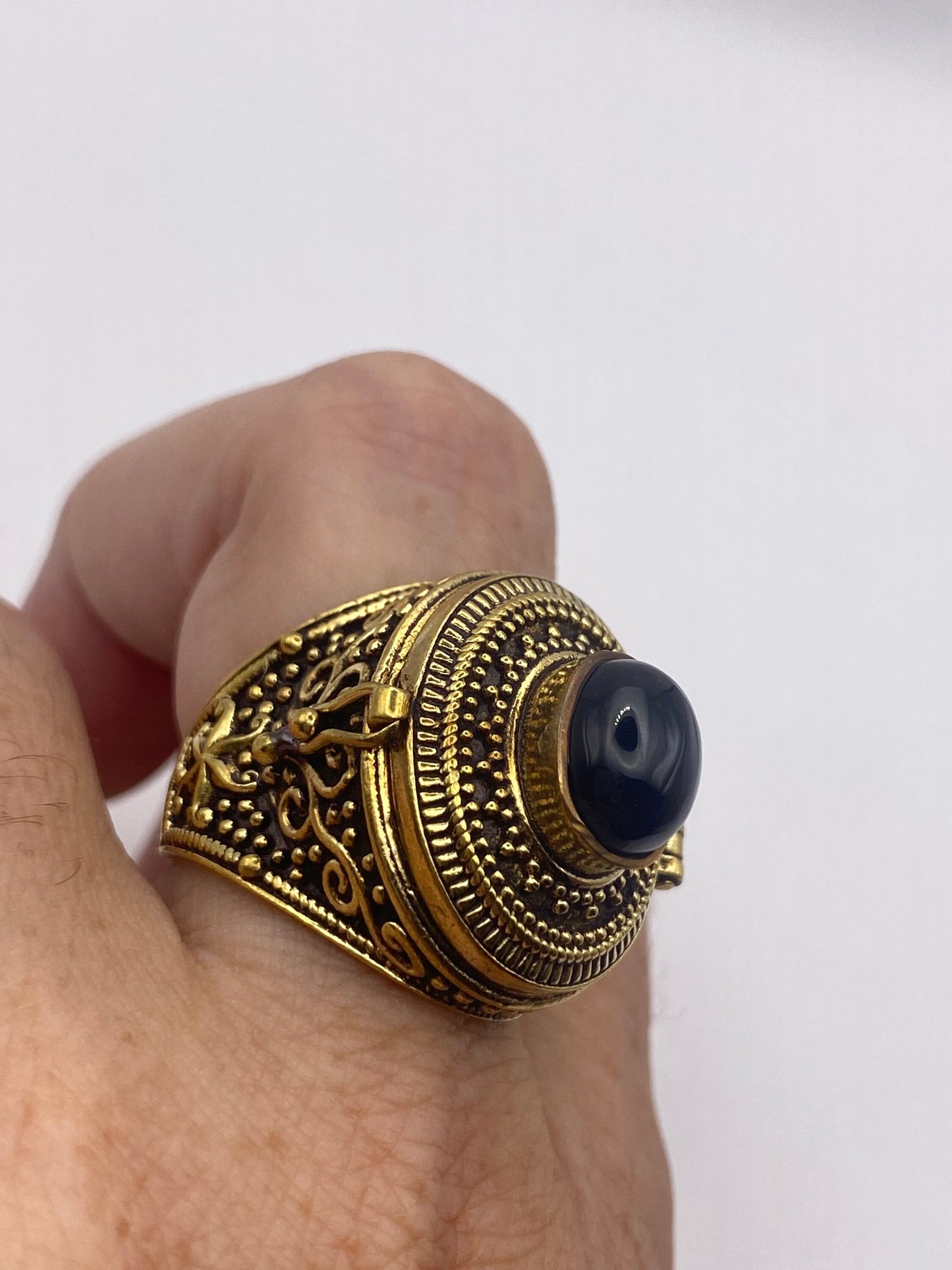 Vintage Black Onyx Brass Poison Pillbox Ring