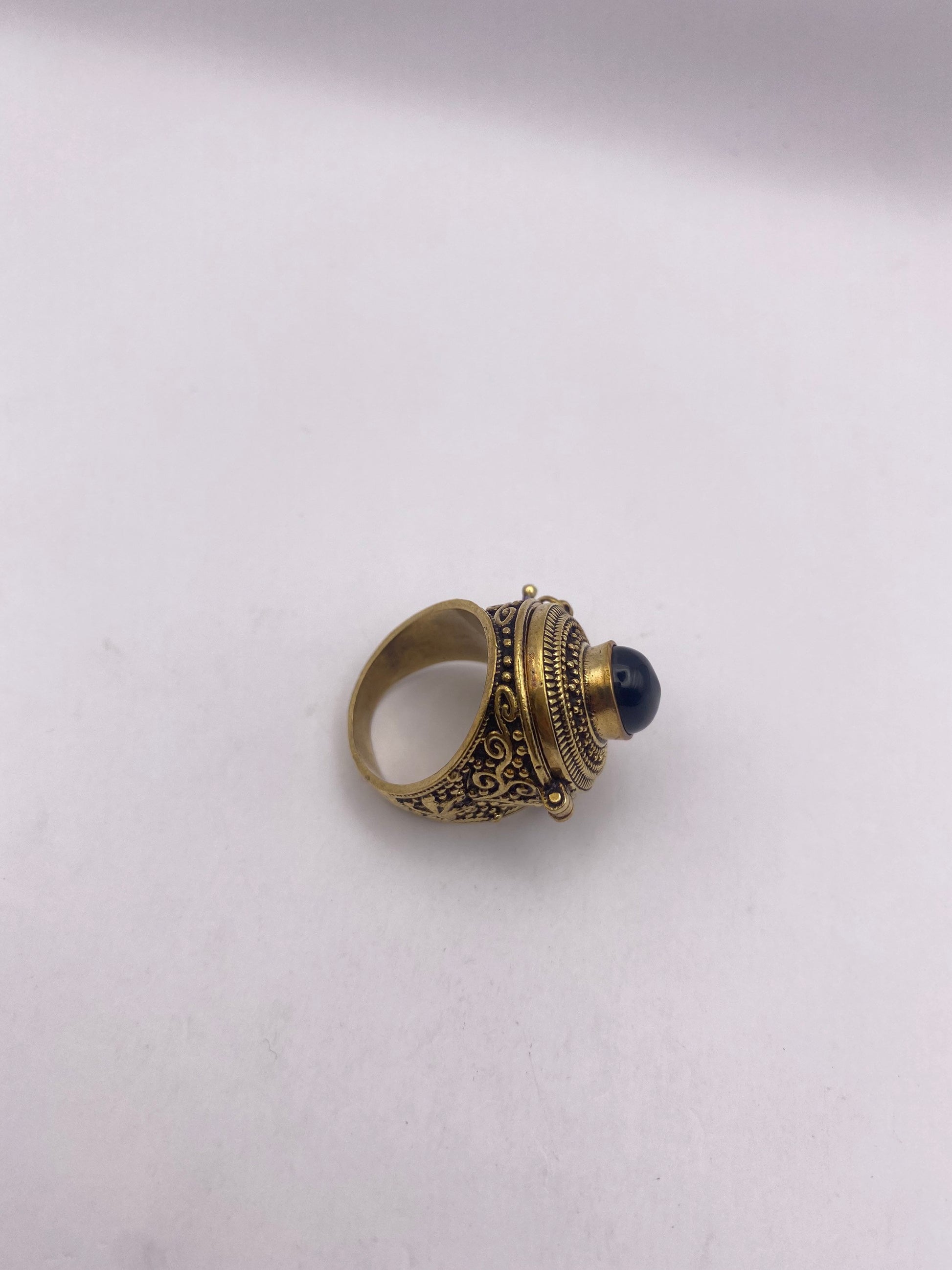 Vintage Black Onyx Brass Poison Pillbox Ring