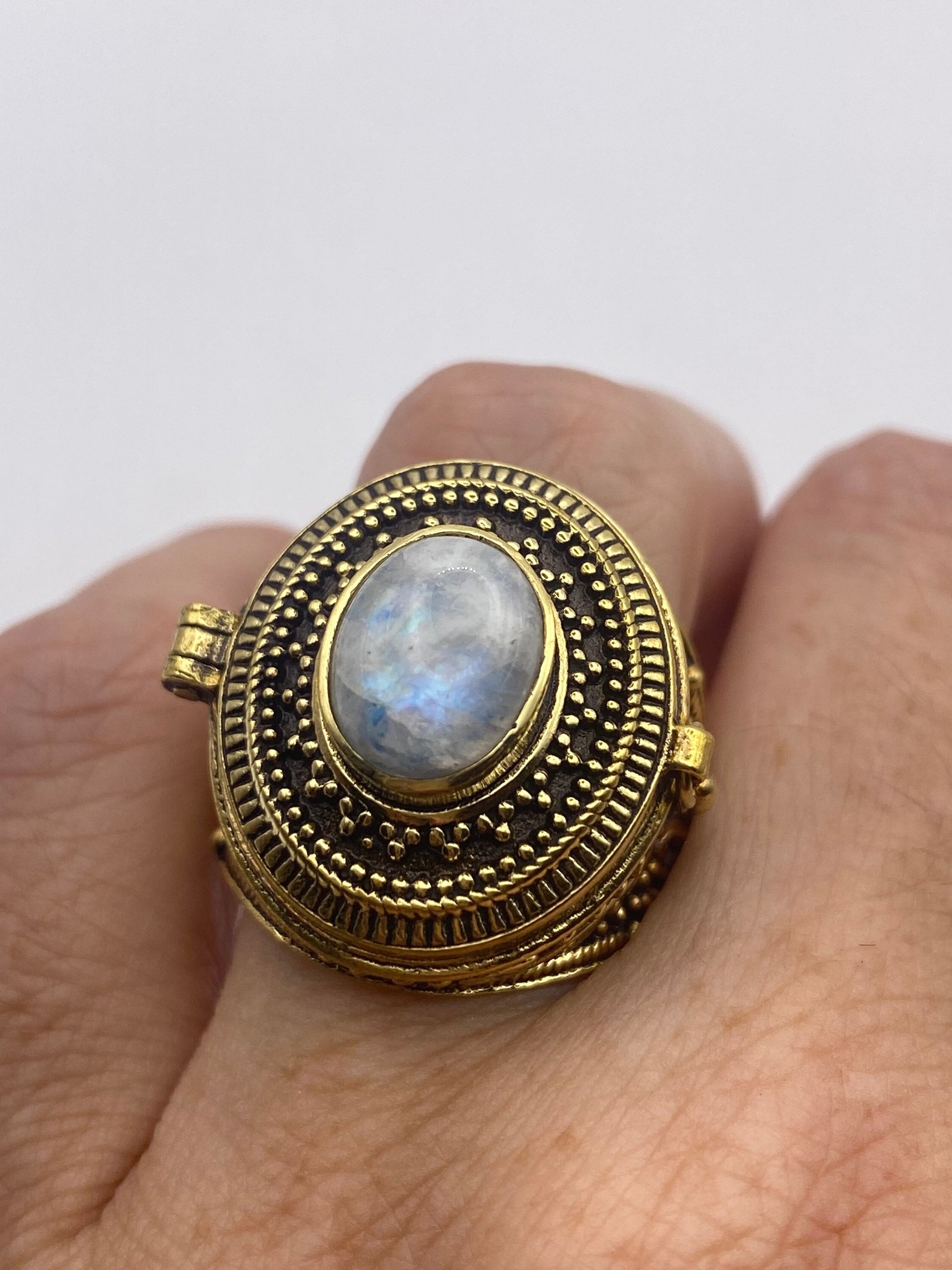 Vintage Rainbow Moonstone Brass Poison Pillbox Ring