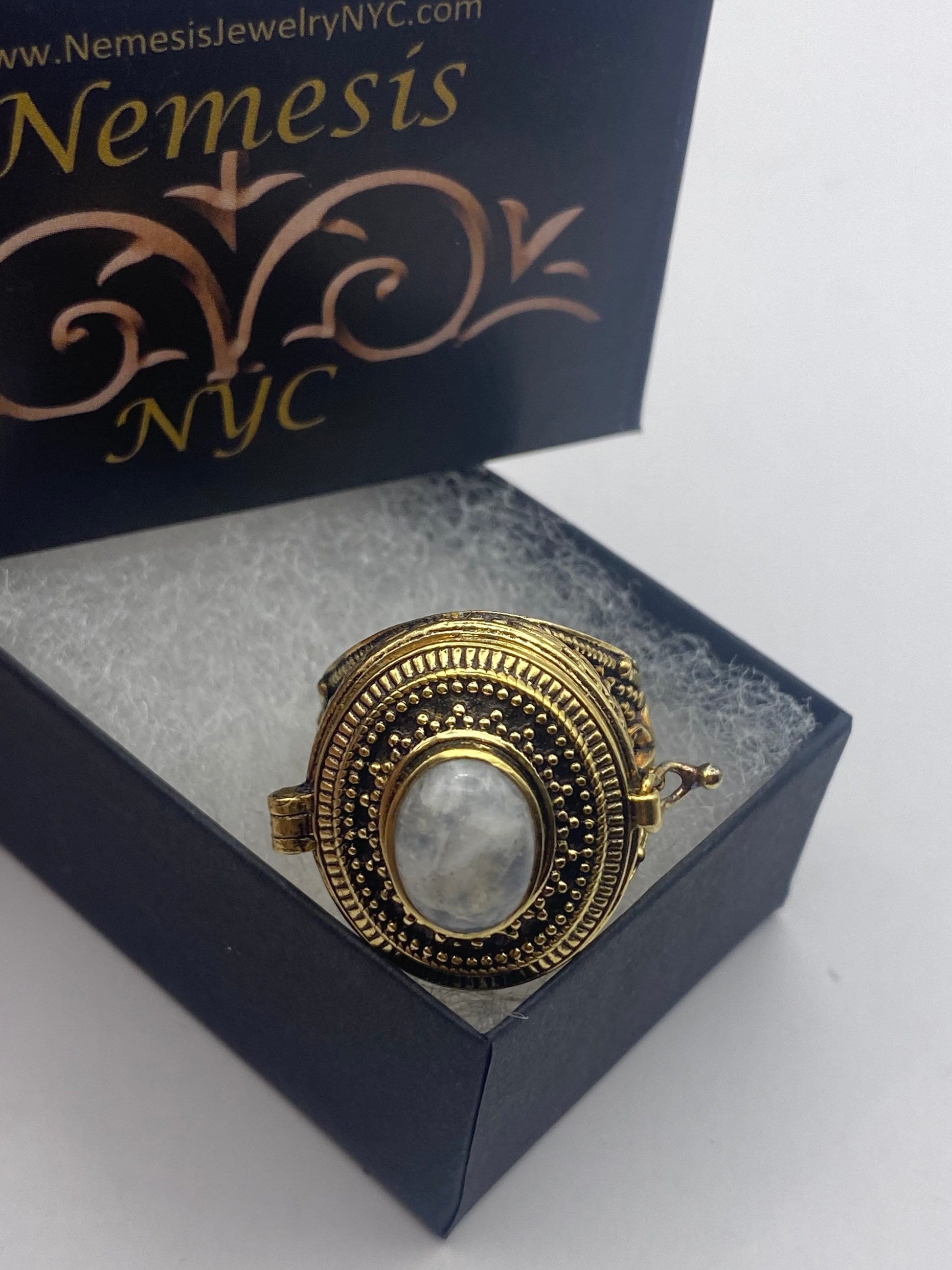 Vintage Rainbow Moonstone Brass Poison Pillbox Ring