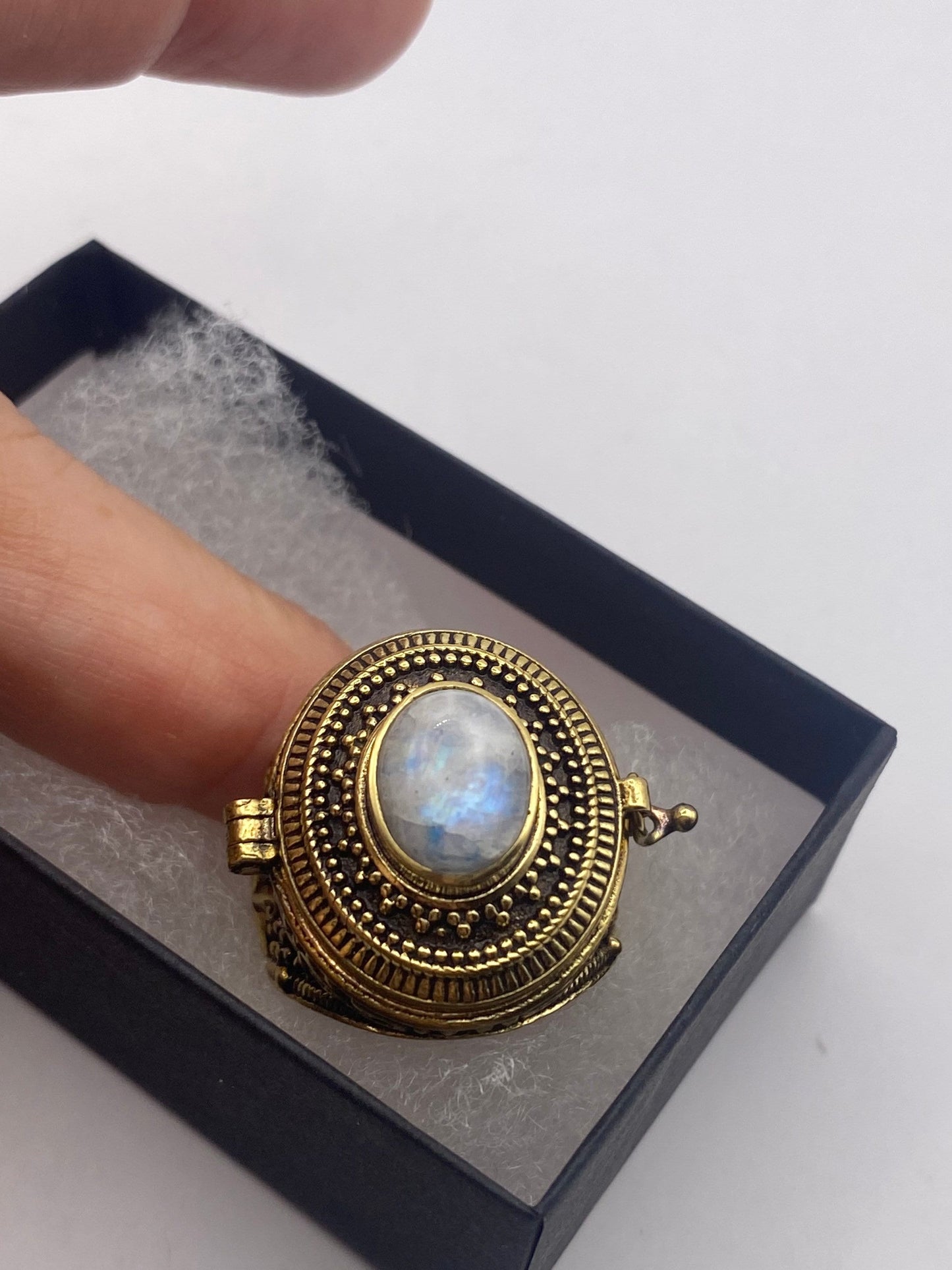 Vintage Rainbow Moonstone Brass Poison Pillbox Ring