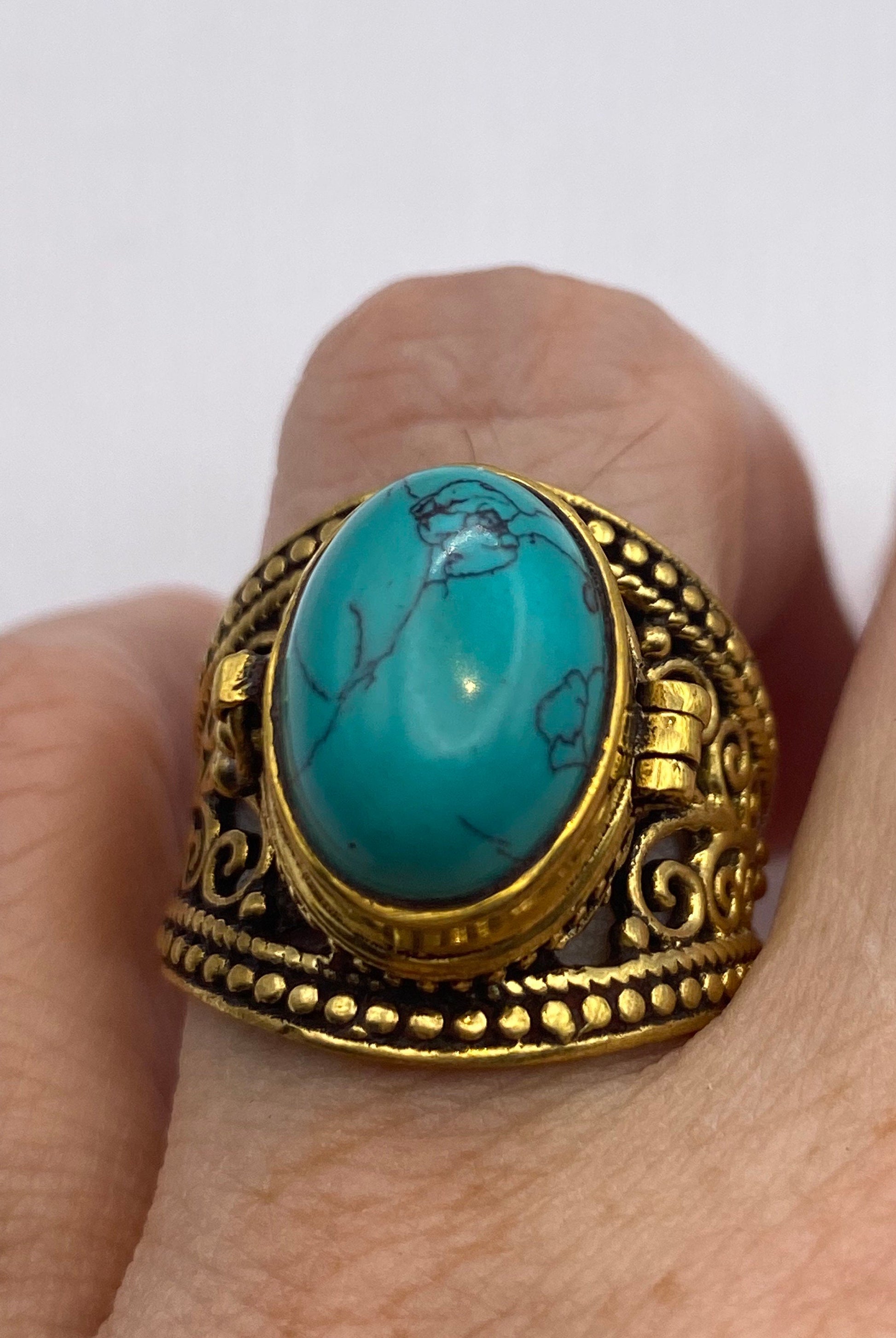 Vintage Turquoise Brass Poison Pillbox Ring