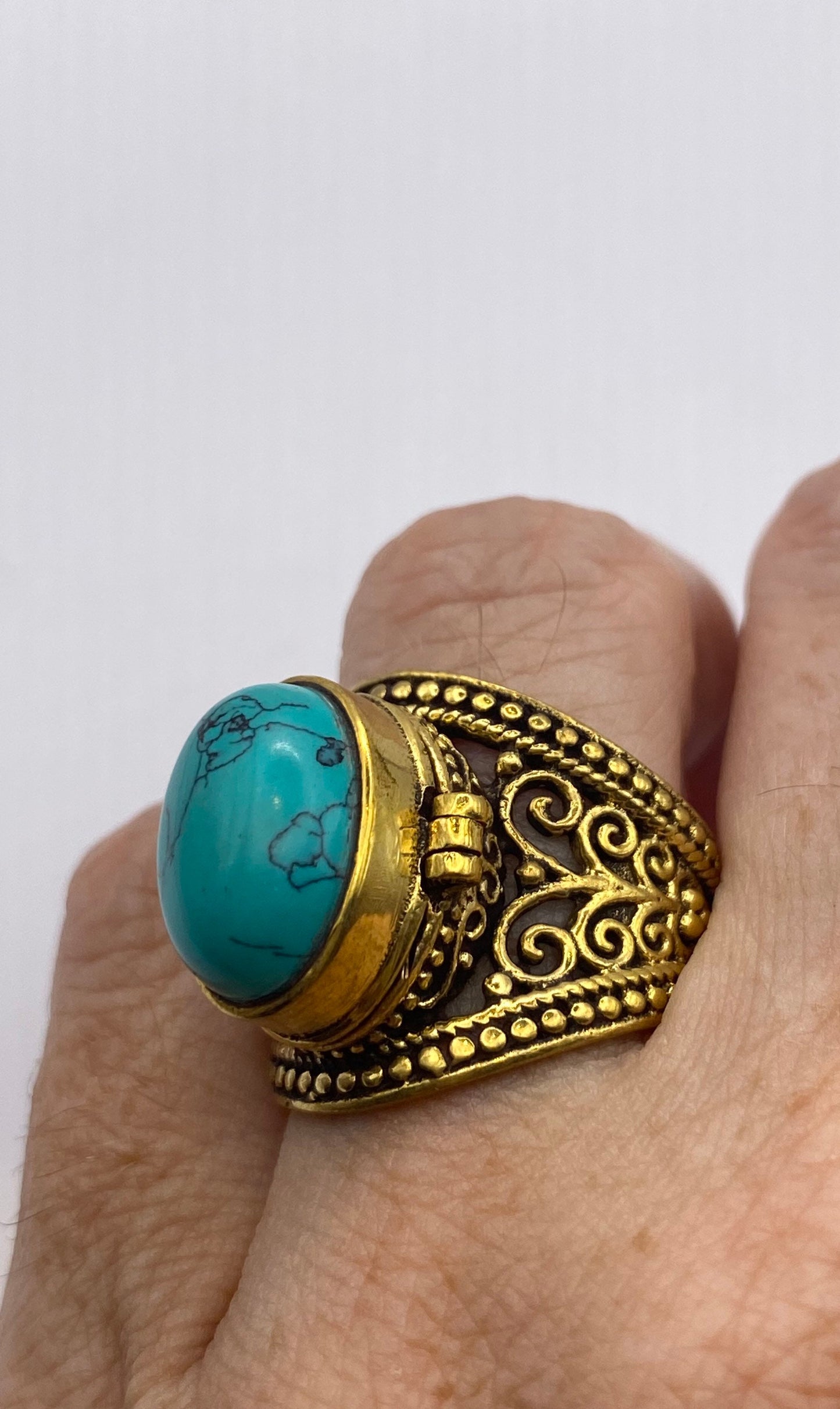 Vintage Turquoise Brass Poison Pillbox Ring