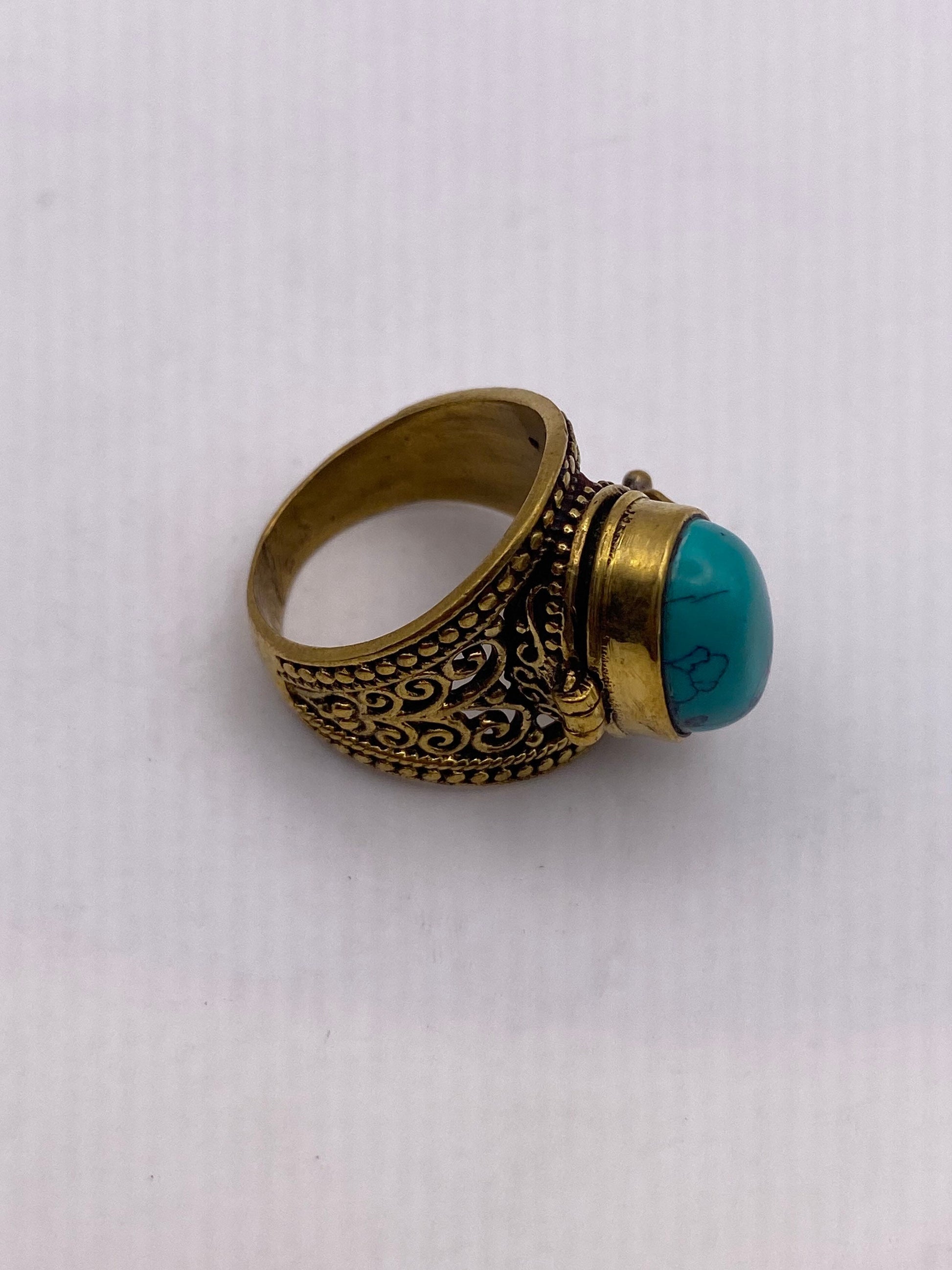 Vintage Turquoise Brass Poison Pillbox Ring