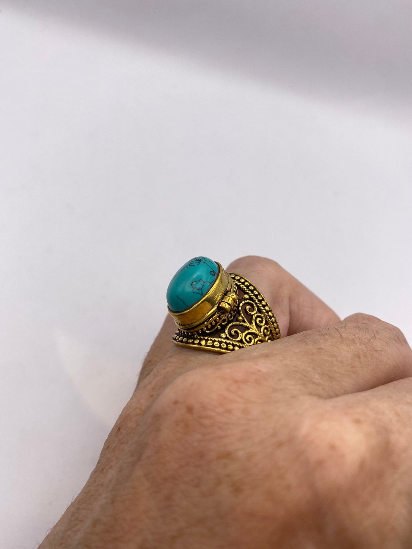 Vintage Turquoise Brass Poison Pillbox Ring