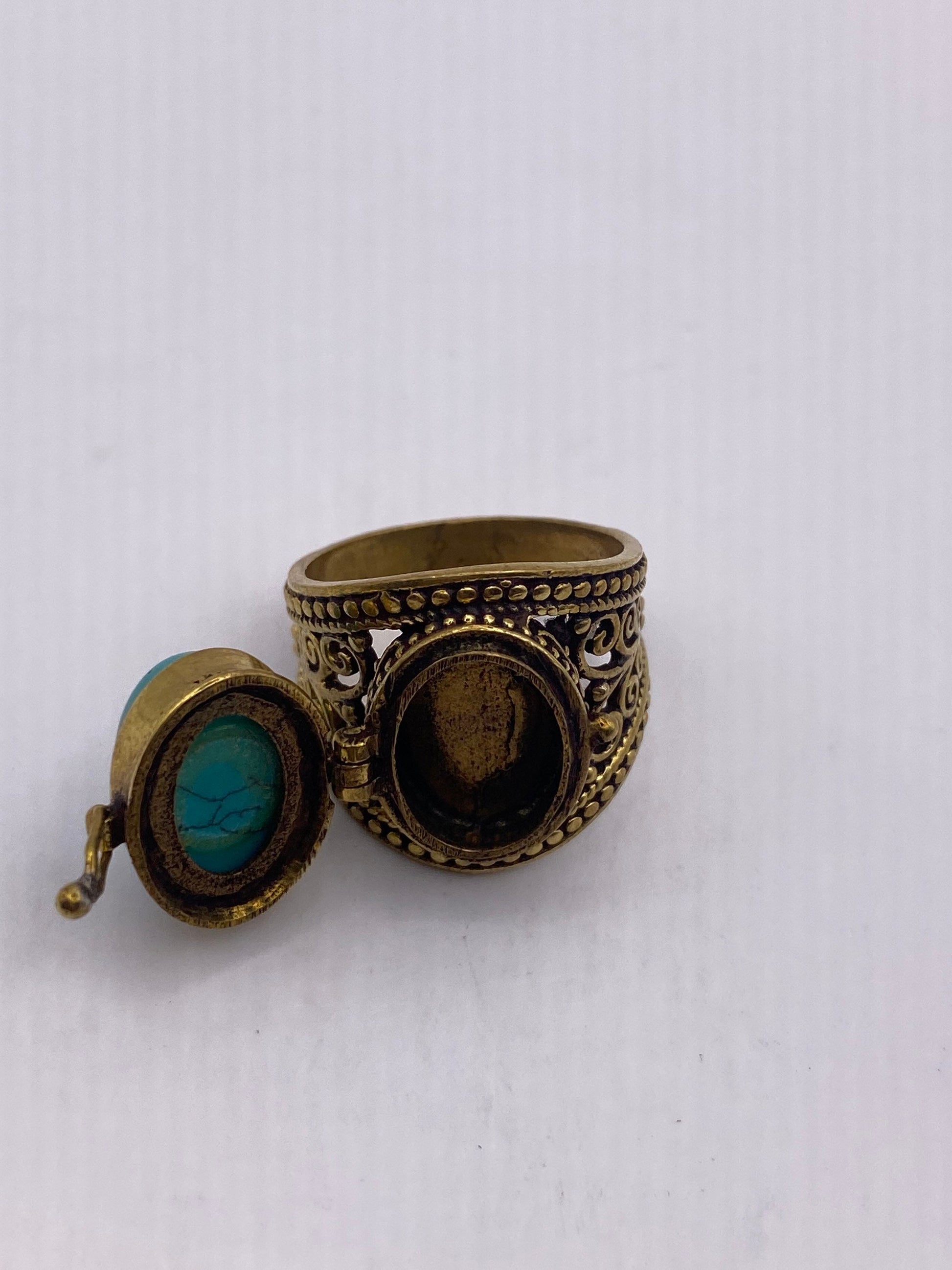 Vintage Turquoise Brass Poison Pillbox Ring