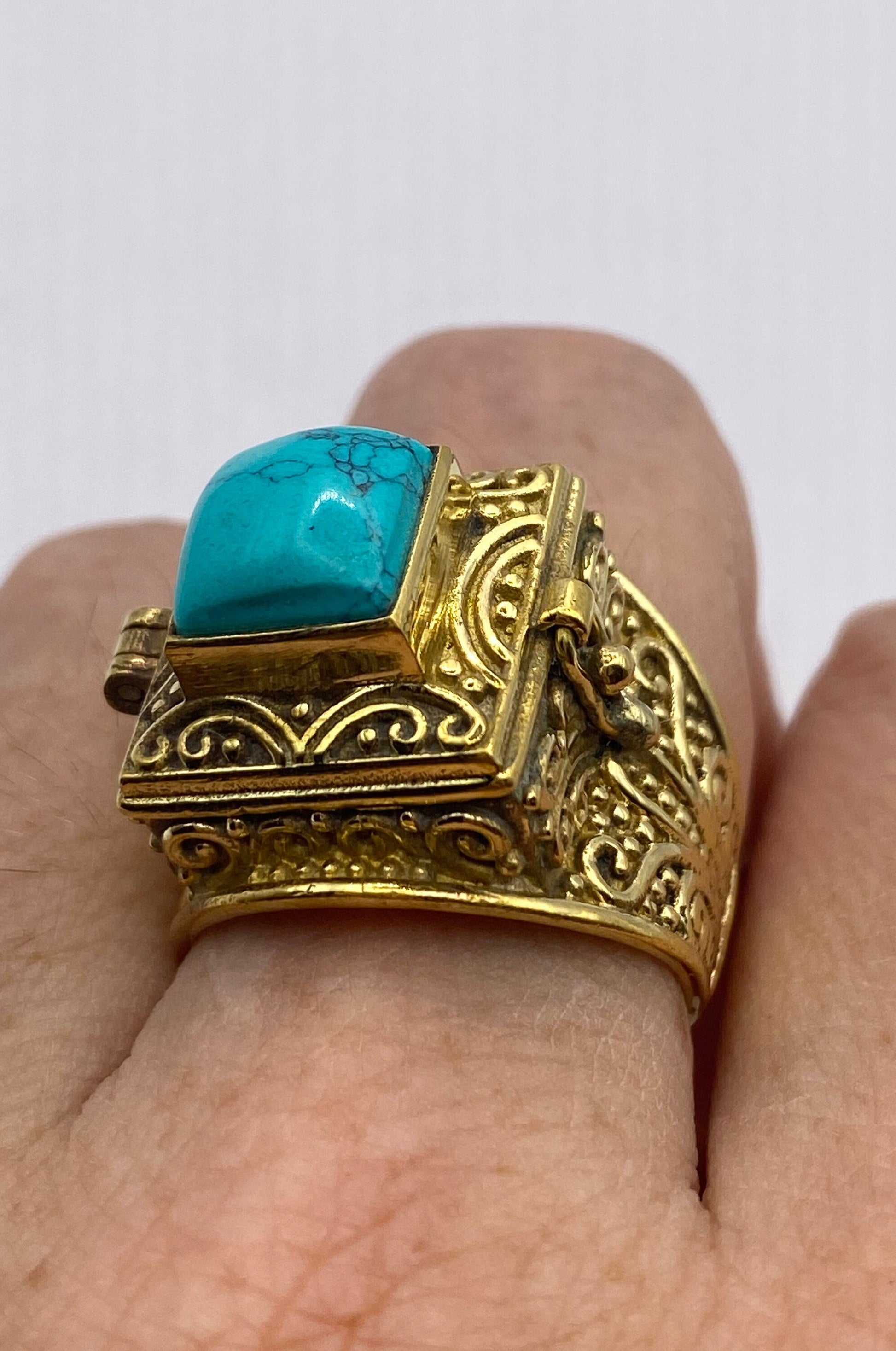 Vintage Turquoise Brass Poison Pillbox Ring