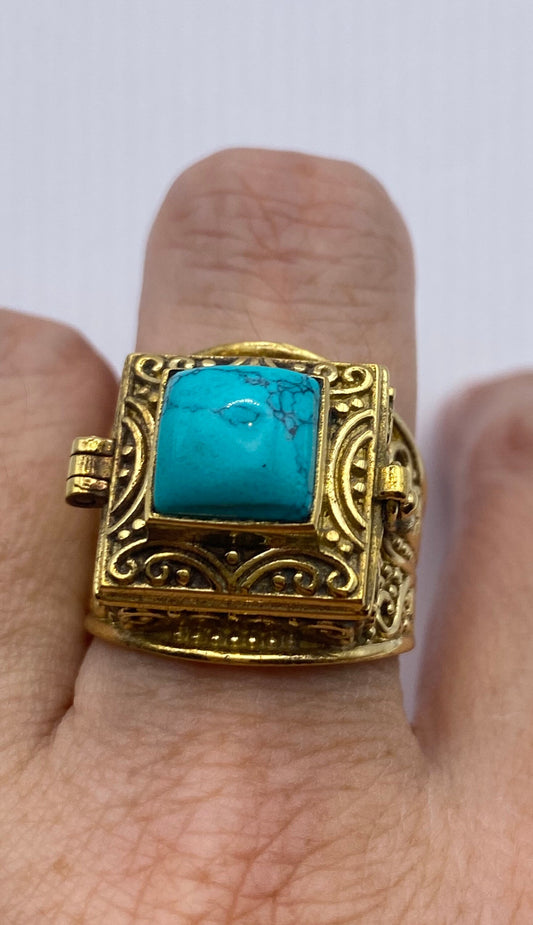 Vintage Turquoise Brass Poison Pillbox Ring