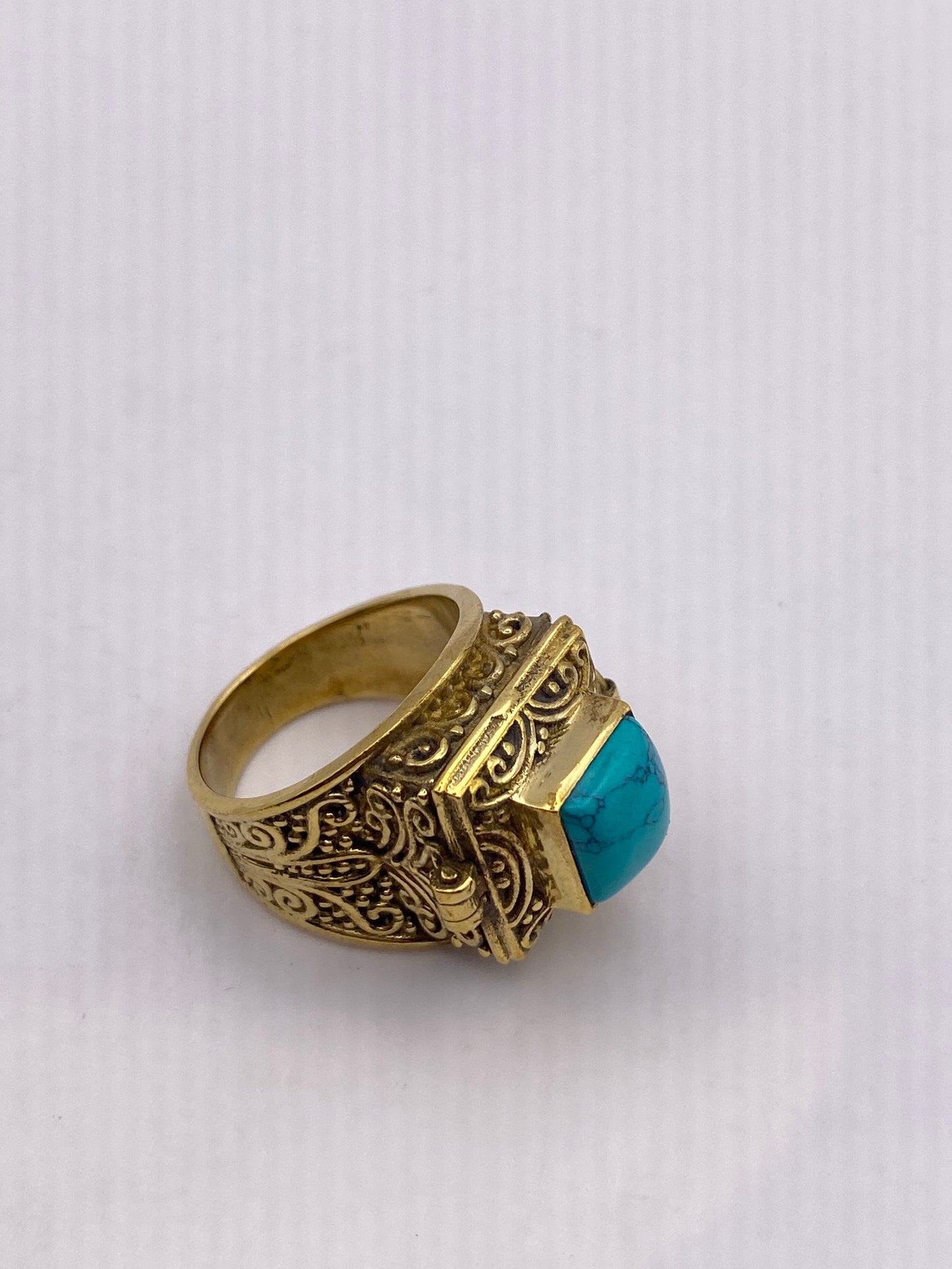 Vintage Turquoise Brass Poison Pillbox Ring